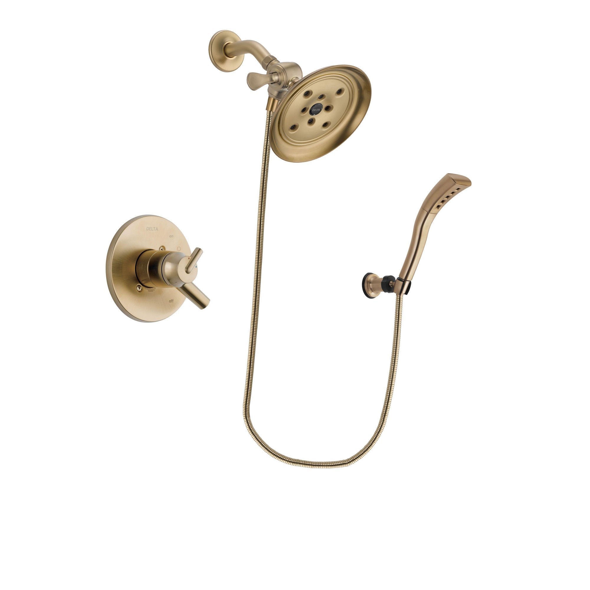 Delta Trinsic Champagne Bronze Finish Dual Control Shower Faucet System Package with Large Rain Shower Head and Modern Wall Mount Personal Handheld Shower Spray Includes Rough-in Valve DSP3700V