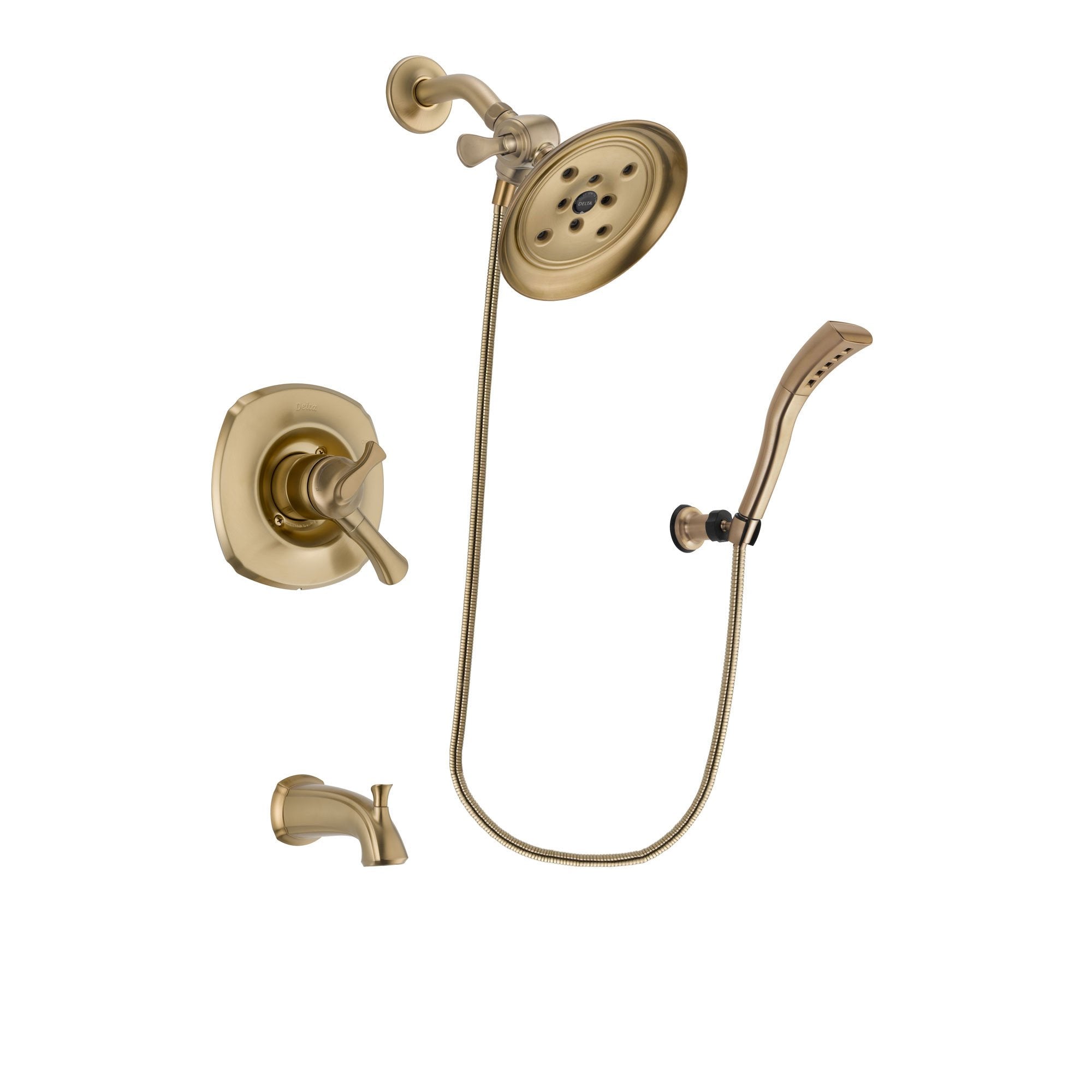 Delta Addison Champagne Bronze Finish Dual Control Tub and Shower Faucet System Package with Large Rain Shower Head and Modern Wall Mount Personal Handheld Shower Spray Includes Rough-in Valve and Tub Spout DSP3701V
