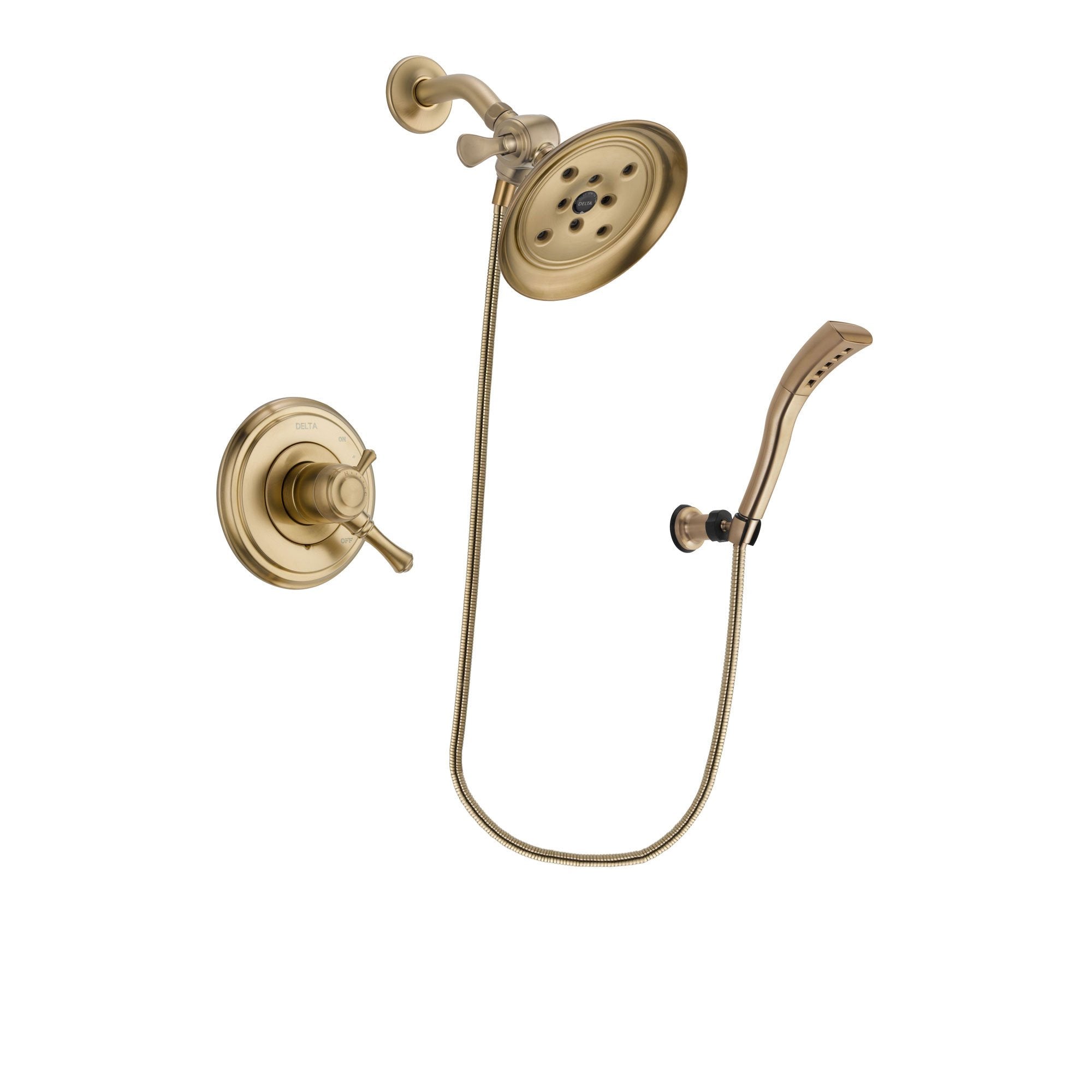 Delta Cassidy Champagne Bronze Finish Dual Control Shower Faucet System Package with Large Rain Shower Head and Modern Wall Mount Personal Handheld Shower Spray Includes Rough-in Valve DSP3706V