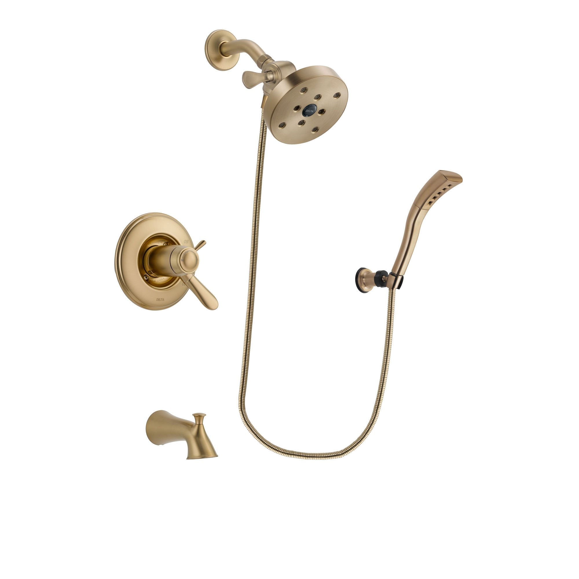 Delta Lahara Champagne Bronze Finish Thermostatic Tub and Shower Faucet System Package with 5-1/2 inch Showerhead and Modern Wall Mount Personal Handheld Shower Spray Includes Rough-in Valve and Tub Spout DSP3707V
