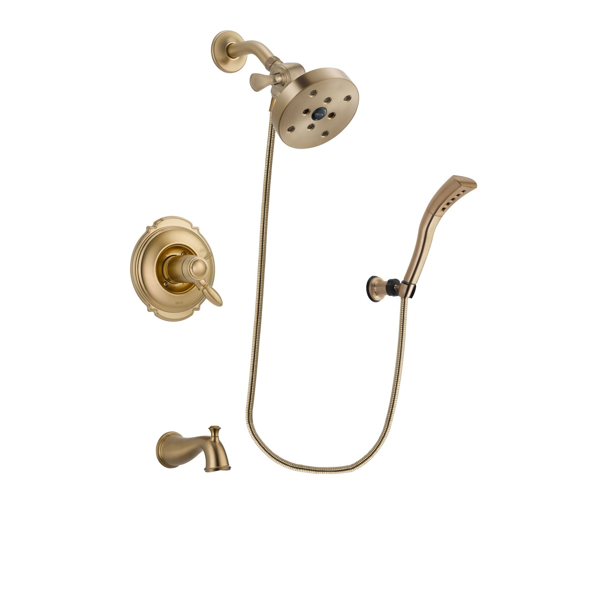 Delta Victorian Champagne Bronze Finish Thermostatic Tub and Shower Faucet System Package with 5-1/2 inch Showerhead and Modern Wall Mount Personal Handheld Shower Spray Includes Rough-in Valve and Tub Spout DSP3709V