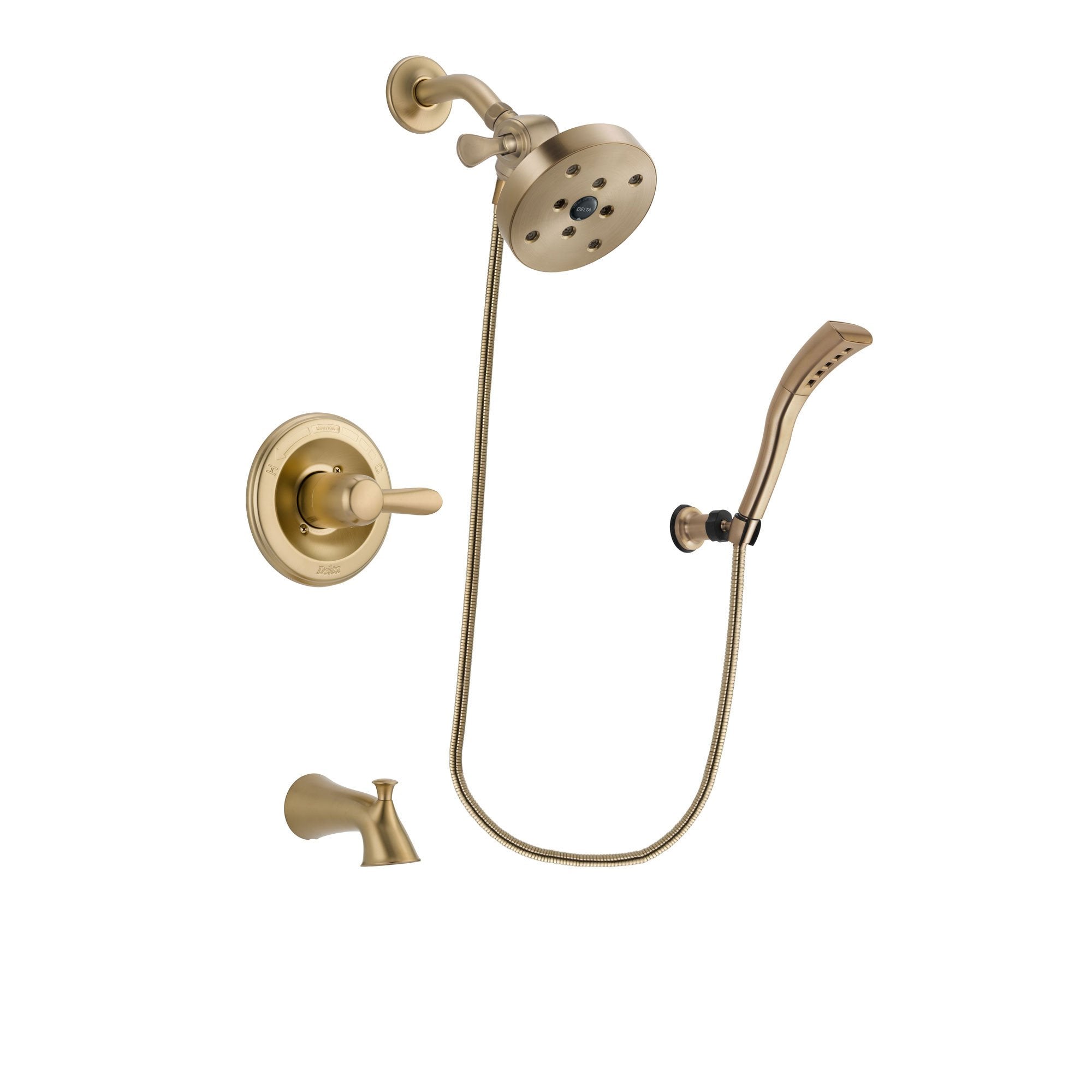 Delta Lahara Champagne Bronze Finish Tub and Shower Faucet System Package with 5-1/2 inch Showerhead and Modern Wall Mount Personal Handheld Shower Spray Includes Rough-in Valve and Tub Spout DSP3715V