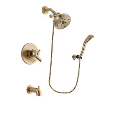 Delta Trinsic Champagne Bronze Finish Dual Control Tub and Shower Faucet System Package with 5-1/2 inch Showerhead and Modern Wall Mount Personal Handheld Shower Spray Includes Rough-in Valve and Tub Spout DSP3725V