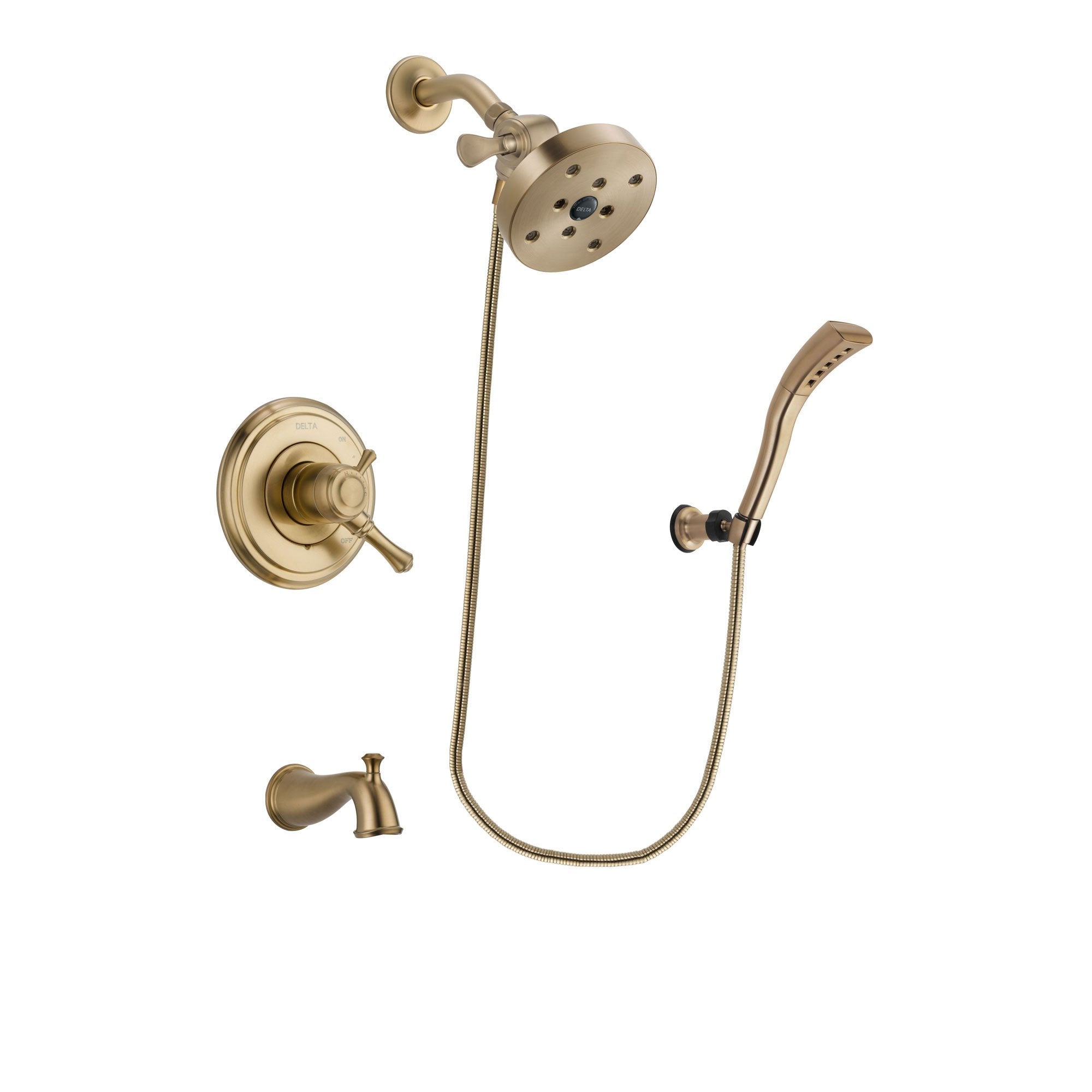 Delta Cassidy Champagne Bronze Finish Dual Control Tub and Shower Faucet System Package with 5-1/2 inch Showerhead and Modern Wall Mount Personal Handheld Shower Spray Includes Rough-in Valve and Tub Spout DSP3731V