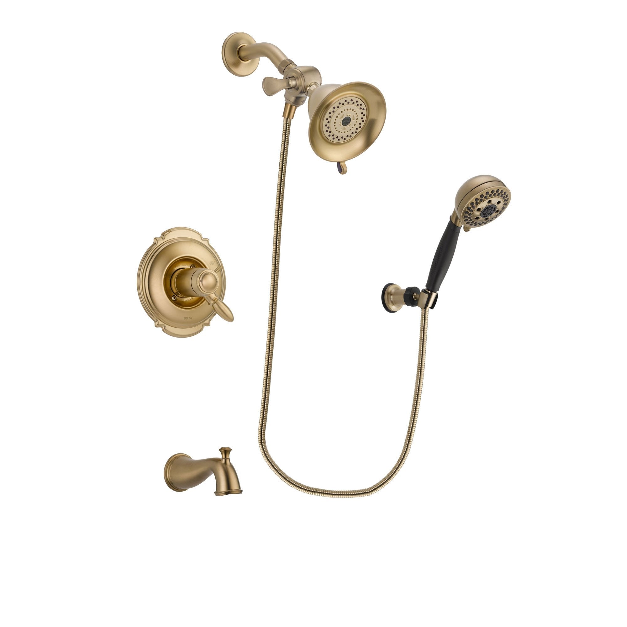 Delta Victorian Champagne Bronze Finish Thermostatic Tub and Shower Faucet System Package with Water-Efficient Shower Head and 5-Spray Wall Mount Hand Shower Includes Rough-in Valve and Tub Spout DSP3735V
