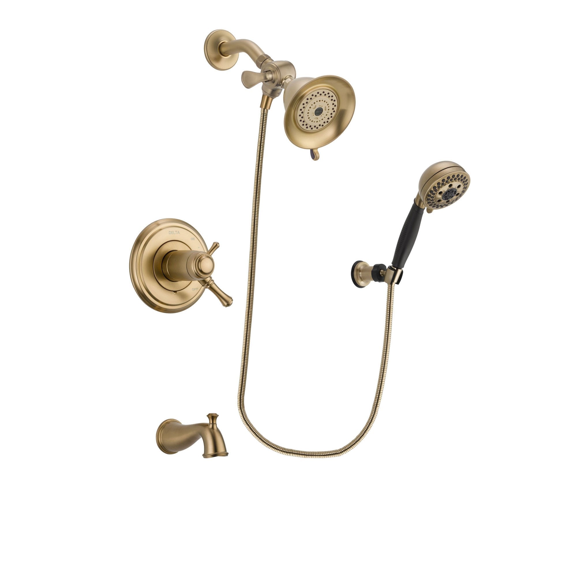 Delta Cassidy Champagne Bronze Finish Thermostatic Tub and Shower Faucet System Package with Water-Efficient Shower Head and 5-Spray Wall Mount Hand Shower Includes Rough-in Valve and Tub Spout DSP3739V