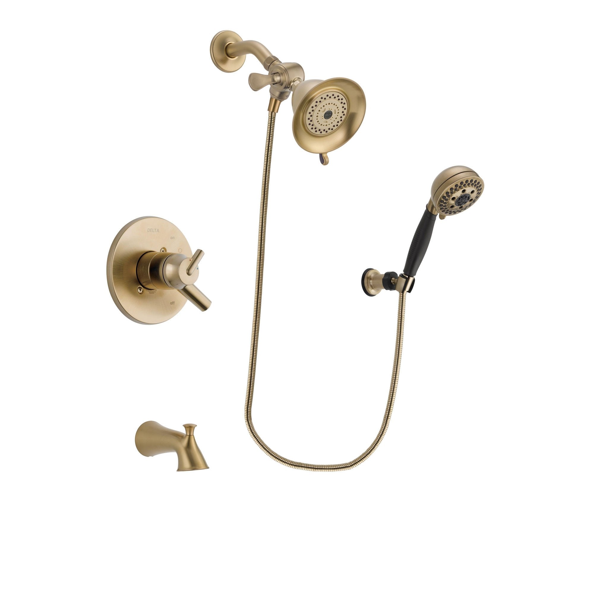 Delta Trinsic Champagne Bronze Finish Dual Control Tub and Shower Faucet System Package with Water-Efficient Shower Head and 5-Spray Wall Mount Hand Shower Includes Rough-in Valve and Tub Spout DSP3751V