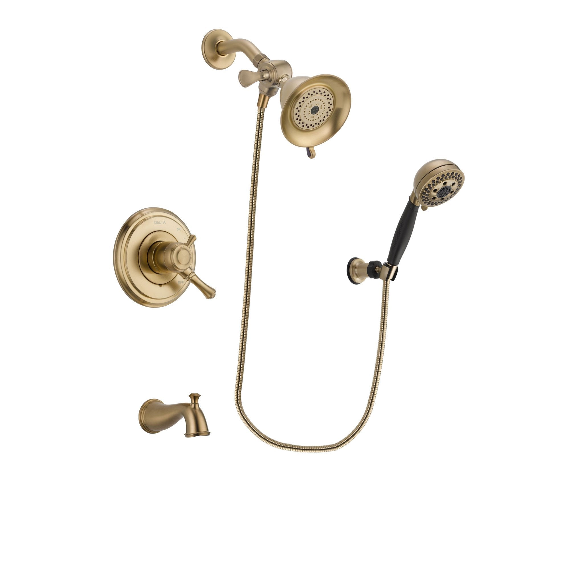 Delta Cassidy Champagne Bronze Finish Dual Control Tub and Shower Faucet System Package with Water-Efficient Shower Head and 5-Spray Wall Mount Hand Shower Includes Rough-in Valve and Tub Spout DSP3757V