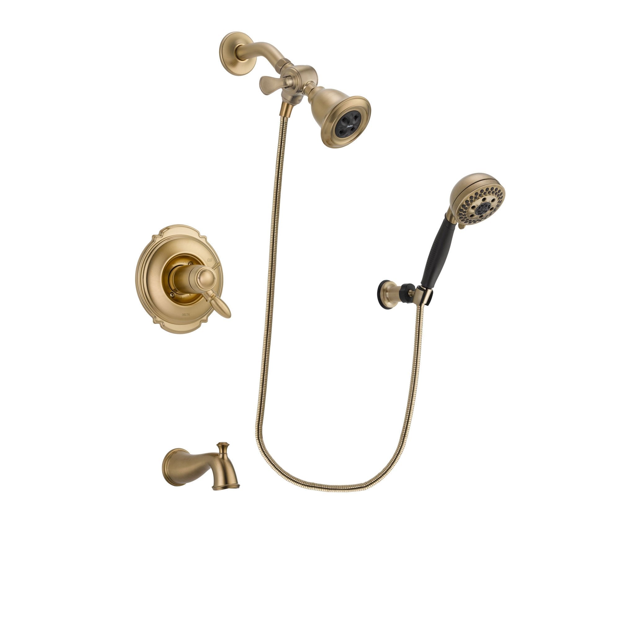 Delta Victorian Champagne Bronze Finish Thermostatic Tub and Shower Faucet System Package with Water Efficient Showerhead and 5-Spray Wall Mount Hand Shower Includes Rough-in Valve and Tub Spout DSP3761V