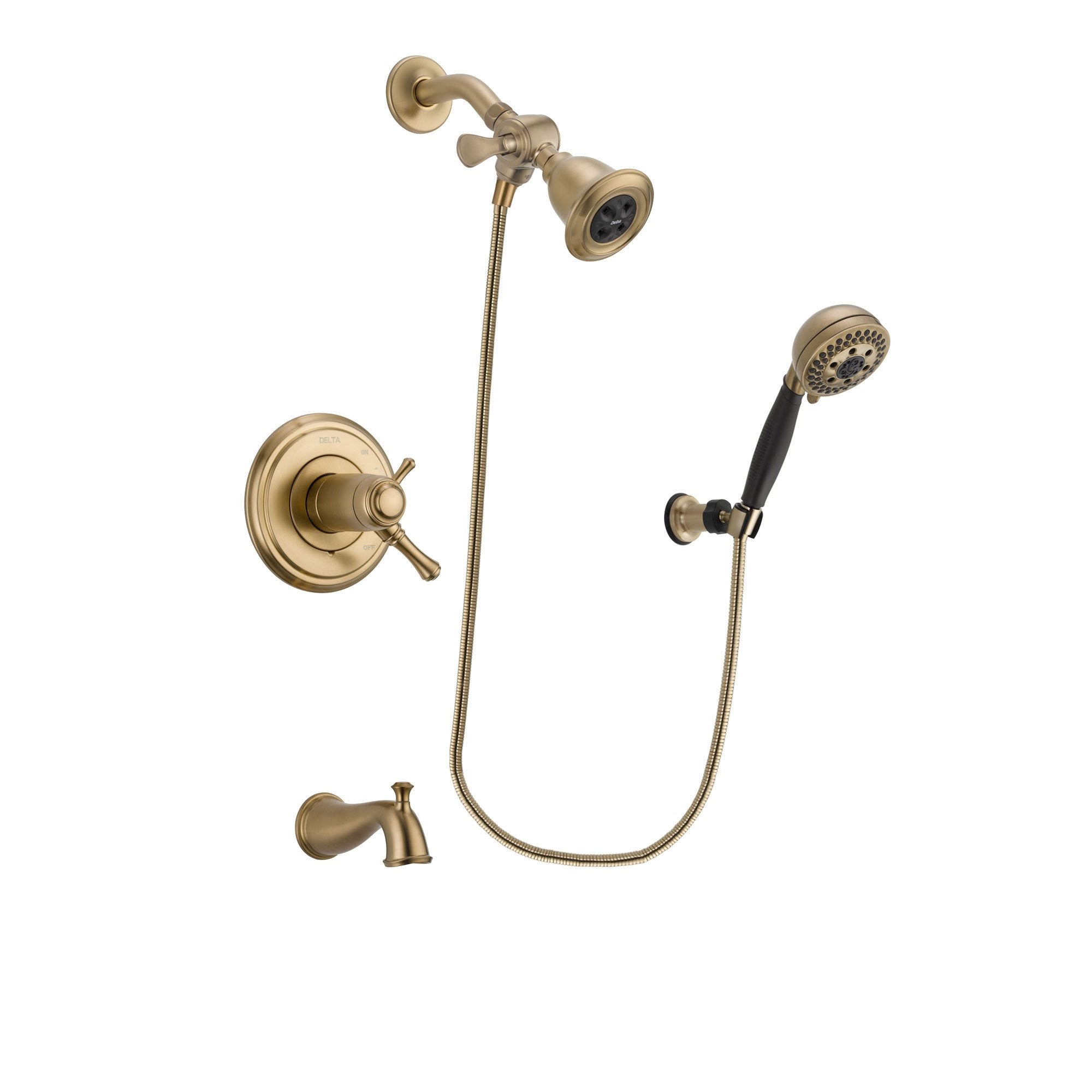 Delta Cassidy Champagne Bronze Finish Thermostatic Tub and Shower Faucet System Package with Water Efficient Showerhead and 5-Spray Wall Mount Hand Shower Includes Rough-in Valve and Tub Spout DSP3765V