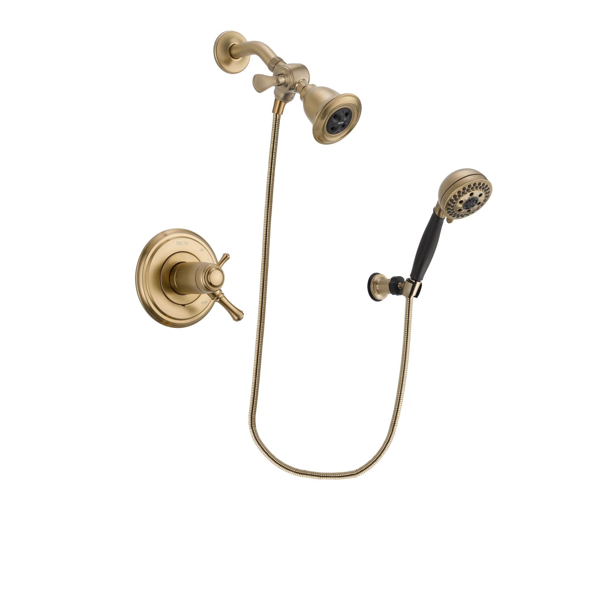 Delta Cassidy Champagne Bronze Finish Thermostatic Shower Faucet System Package with Water Efficient Showerhead and 5-Spray Wall Mount Hand Shower Includes Rough-in Valve DSP3766V