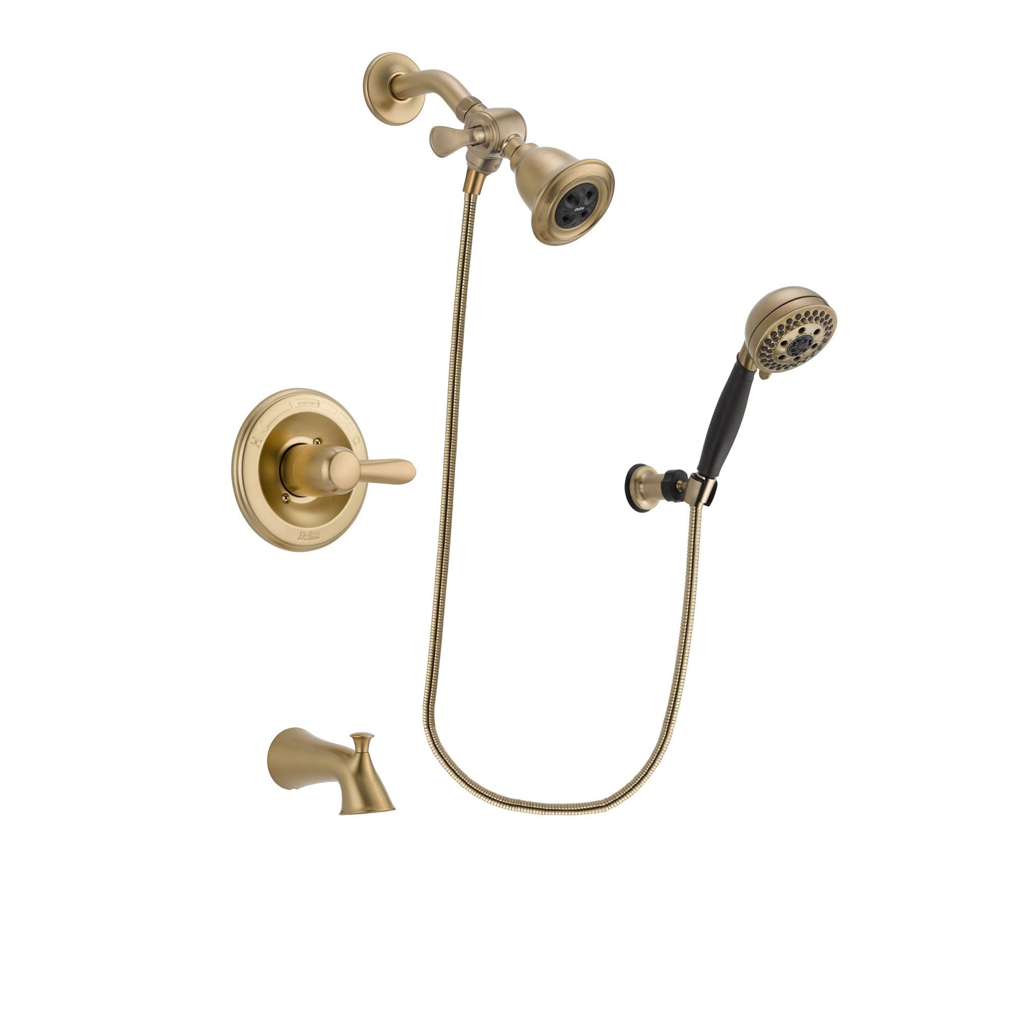 Delta Lahara Champagne Bronze Finish Tub and Shower Faucet System Package with Water Efficient Showerhead and 5-Spray Wall Mount Hand Shower Includes Rough-in Valve and Tub Spout DSP3767V