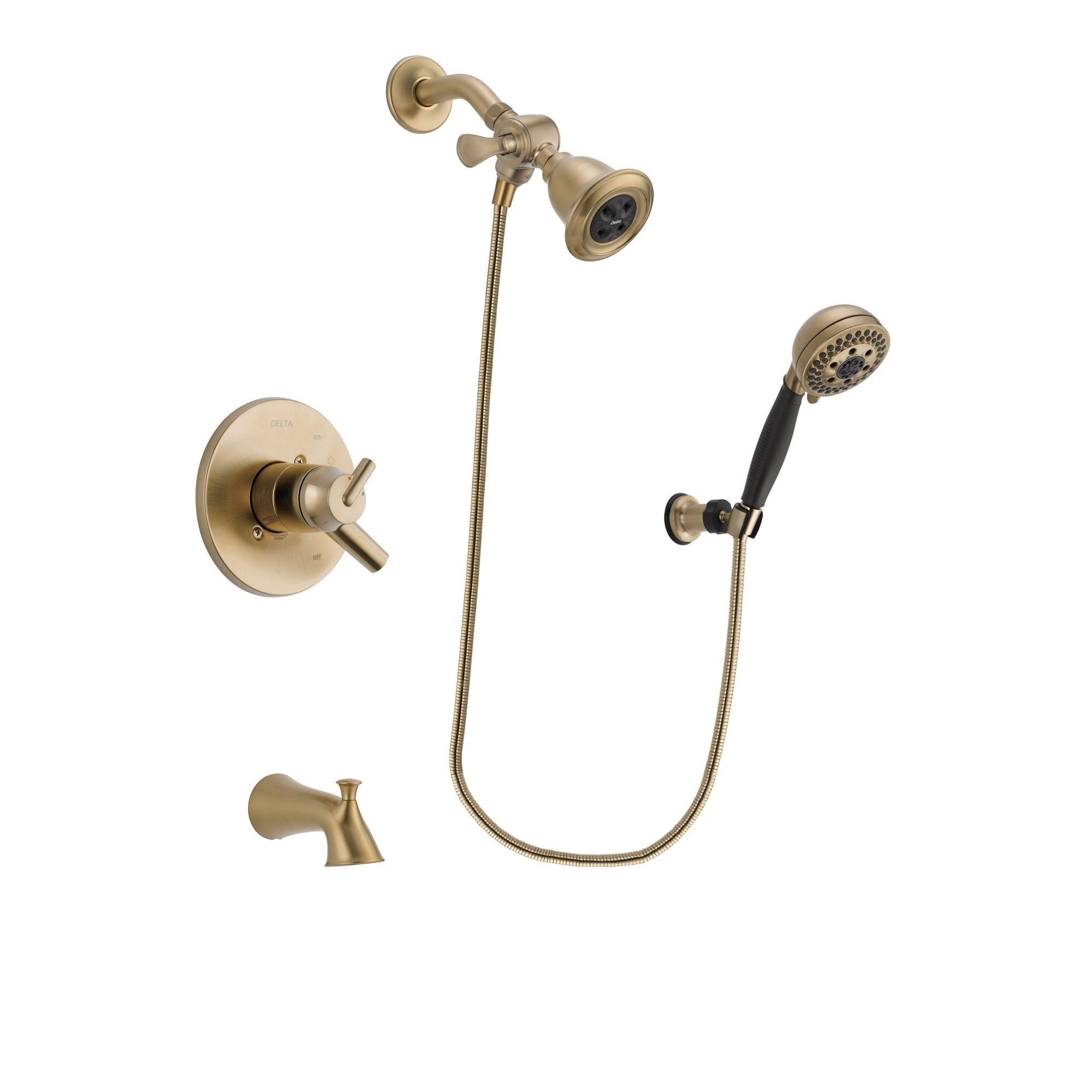 Delta Trinsic Champagne Bronze Finish Dual Control Tub and Shower Faucet System Package with Water Efficient Showerhead and 5-Spray Wall Mount Hand Shower Includes Rough-in Valve and Tub Spout DSP3777V
