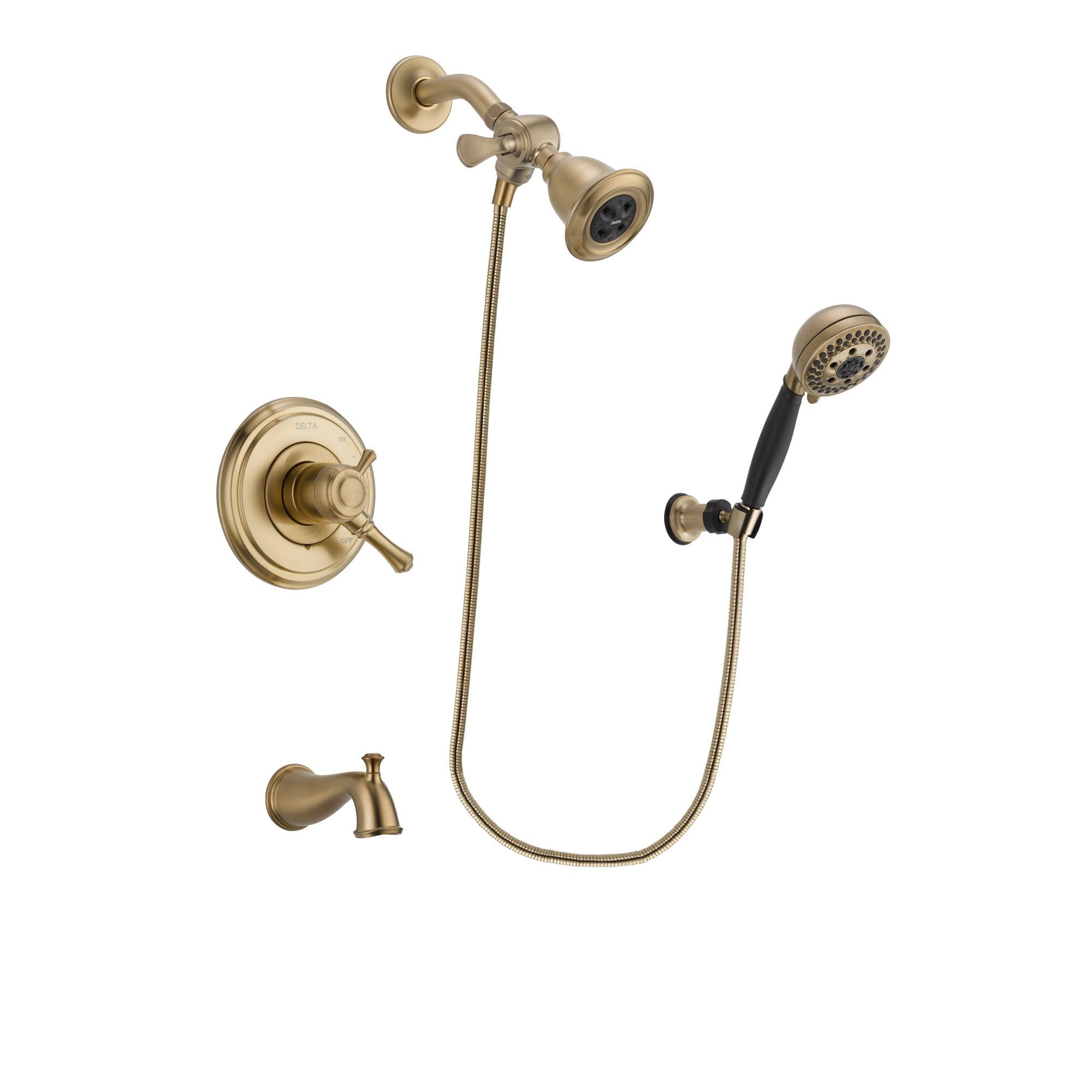 Delta Cassidy Champagne Bronze Finish Dual Control Tub and Shower Faucet System Package with Water Efficient Showerhead and 5-Spray Wall Mount Hand Shower Includes Rough-in Valve and Tub Spout DSP3783V