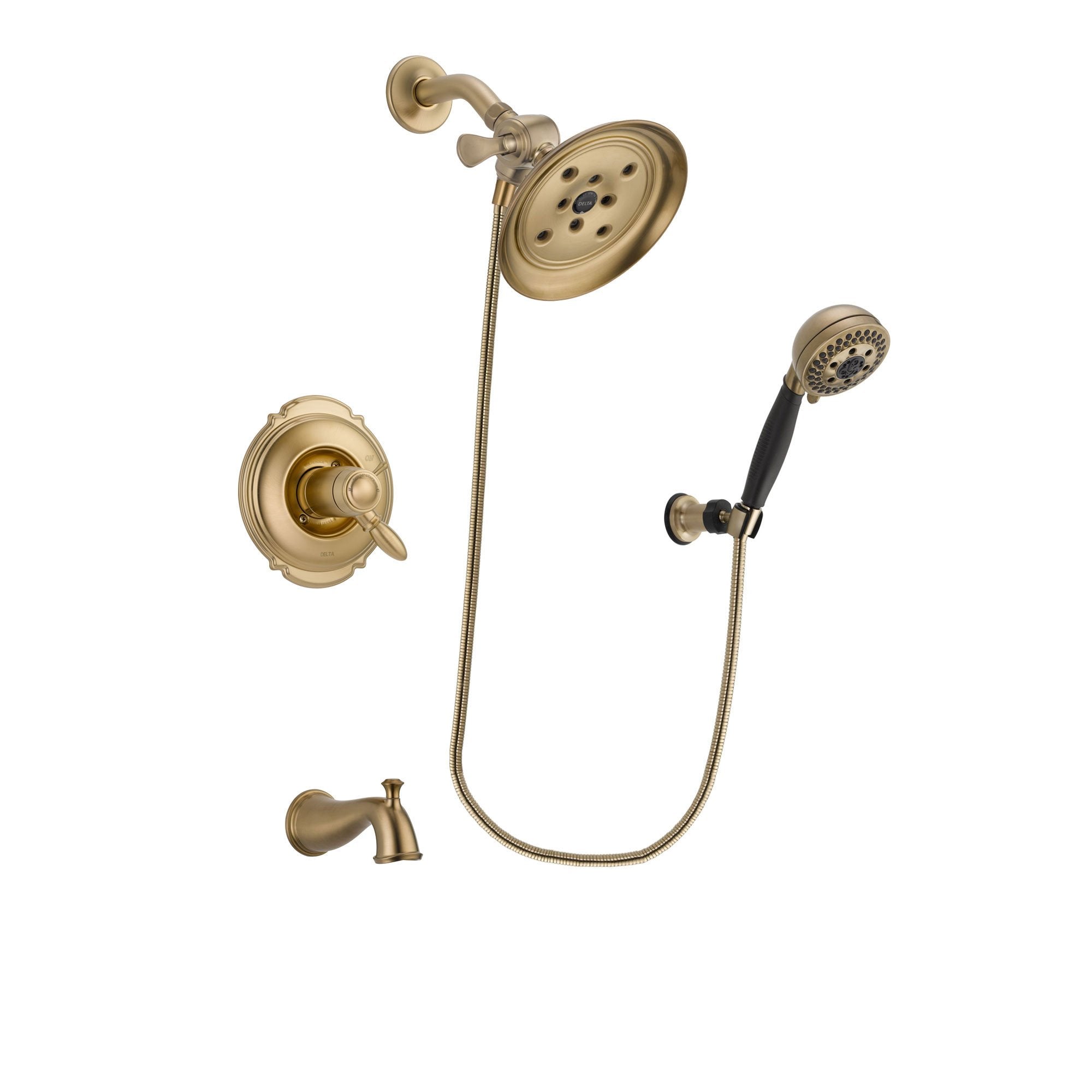 Delta Victorian Champagne Bronze Finish Thermostatic Tub and Shower Faucet System Package with Large Rain Shower Head and 5-Spray Wall Mount Hand Shower Includes Rough-in Valve and Tub Spout DSP3787V