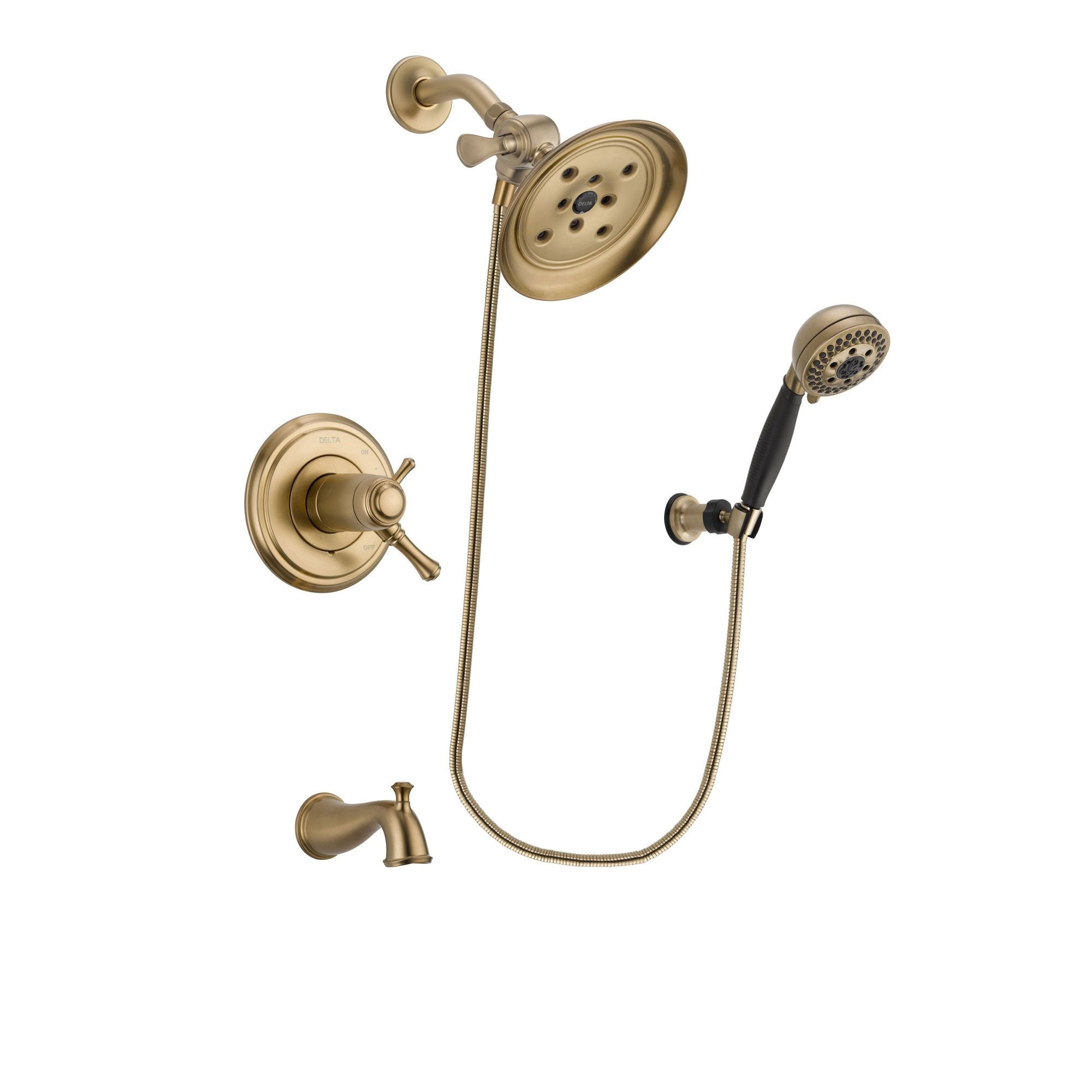 Delta Cassidy Champagne Bronze Finish Thermostatic Tub and Shower Faucet System Package with Large Rain Shower Head and 5-Spray Wall Mount Hand Shower Includes Rough-in Valve and Tub Spout DSP3791V