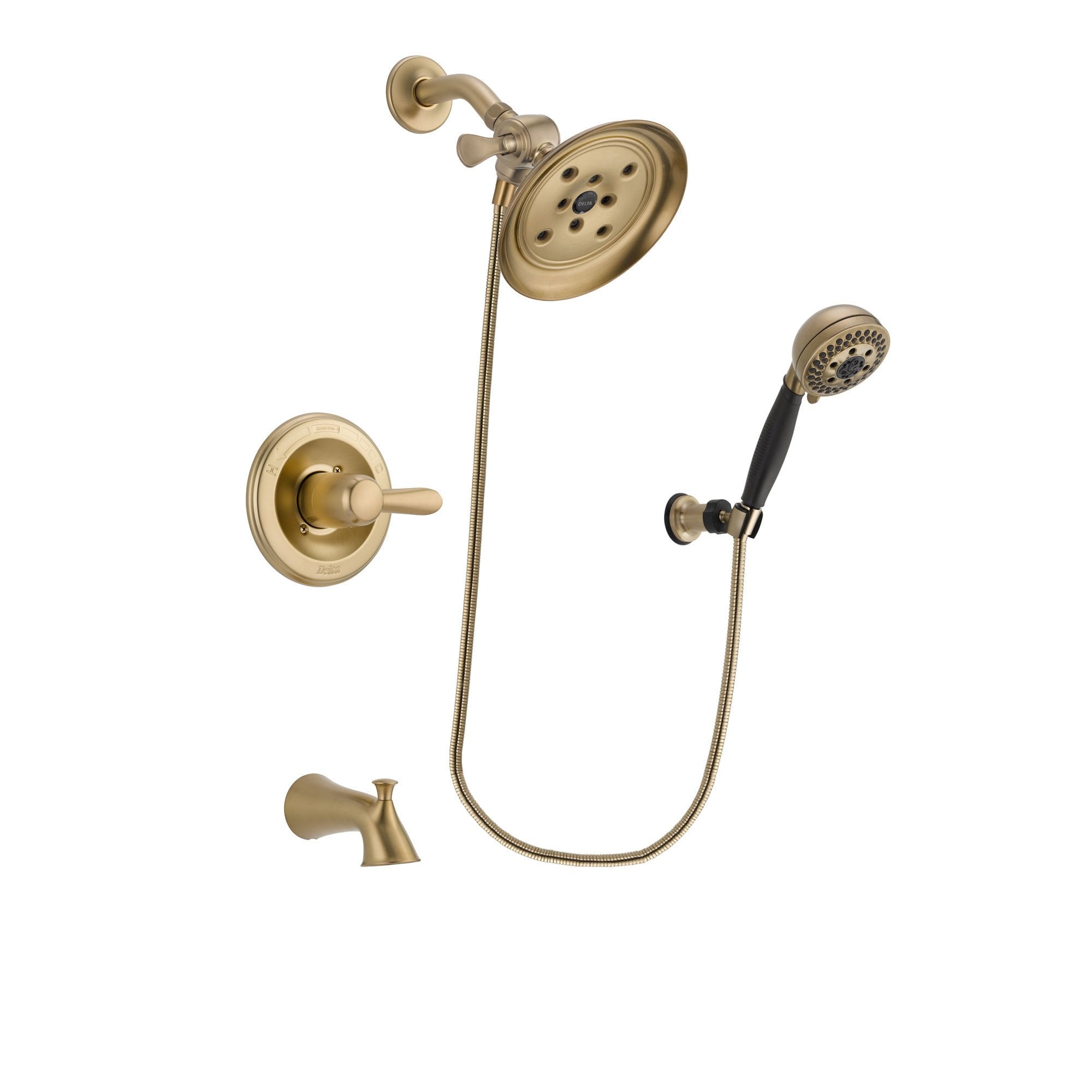 Delta Lahara Champagne Bronze Finish Tub and Shower Faucet System Package with Large Rain Shower Head and 5-Spray Wall Mount Hand Shower Includes Rough-in Valve and Tub Spout DSP3793V