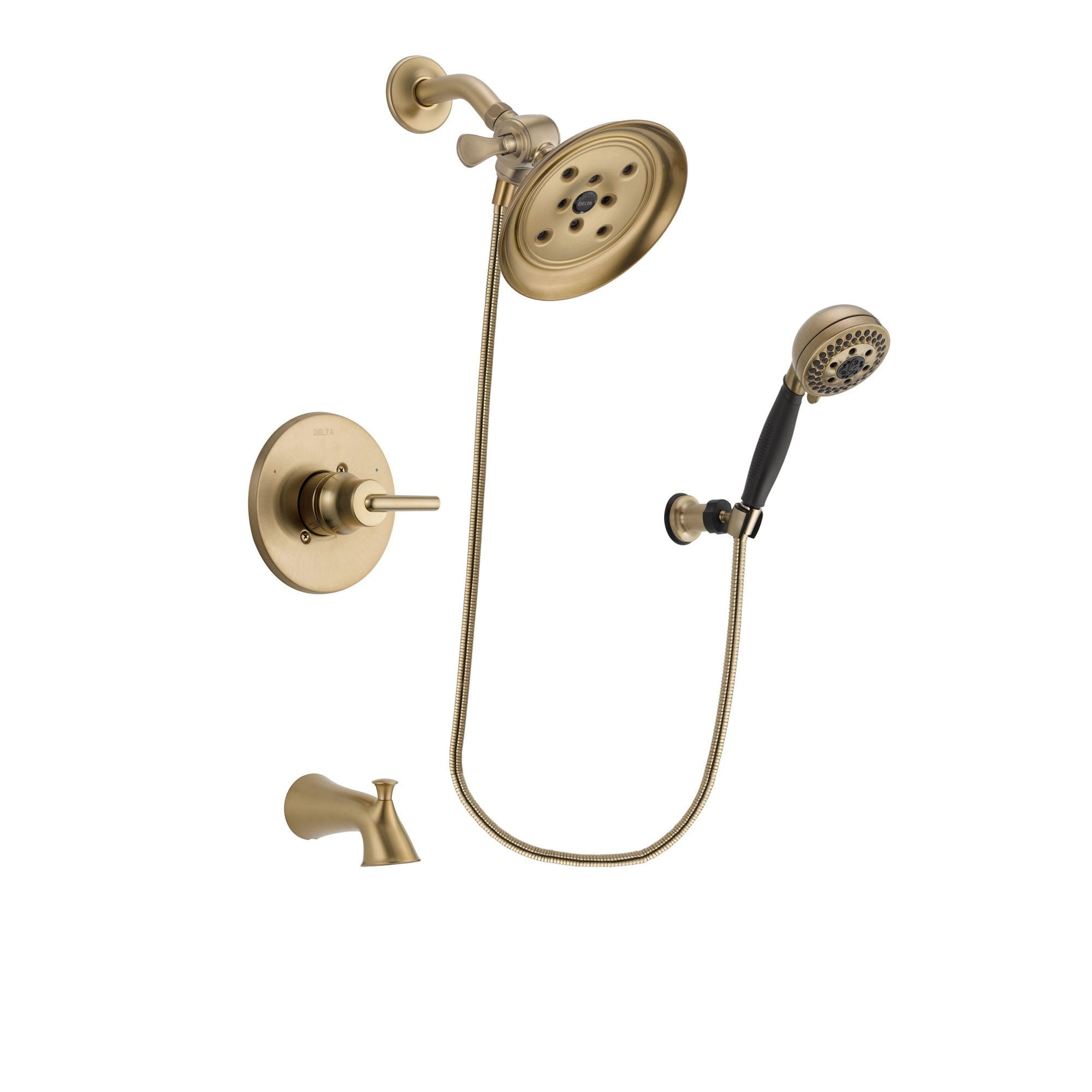 Delta Trinsic Champagne Bronze Finish Tub and Shower Faucet System Package with Large Rain Shower Head and 5-Spray Wall Mount Hand Shower Includes Rough-in Valve and Tub Spout DSP3795V