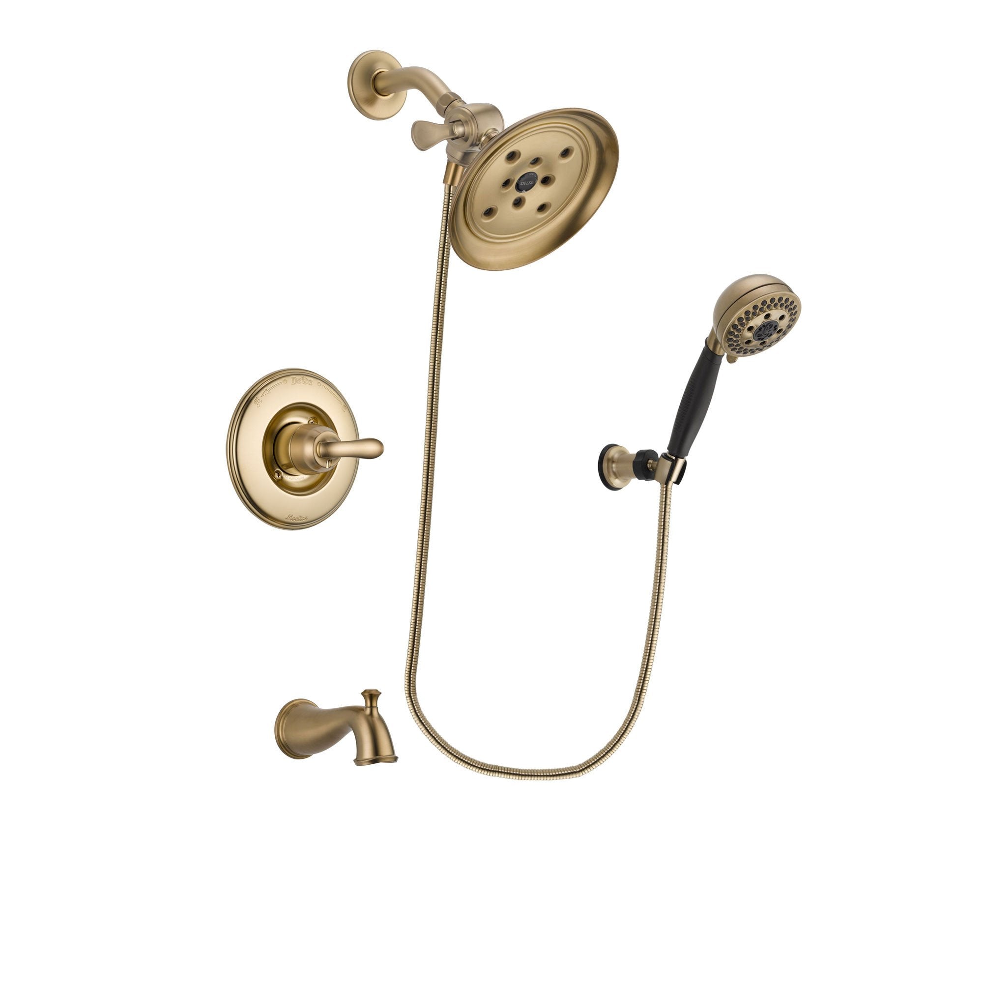 Delta Linden Champagne Bronze Finish Tub and Shower Faucet System Package with Large Rain Shower Head and 5-Spray Wall Mount Hand Shower Includes Rough-in Valve and Tub Spout DSP3799V
