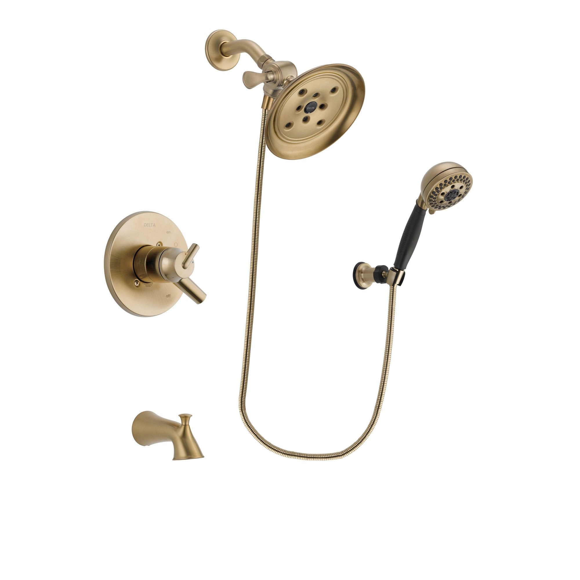 Delta Trinsic Champagne Bronze Finish Dual Control Tub and Shower Faucet System Package with Large Rain Shower Head and 5-Spray Wall Mount Hand Shower Includes Rough-in Valve and Tub Spout DSP3803V