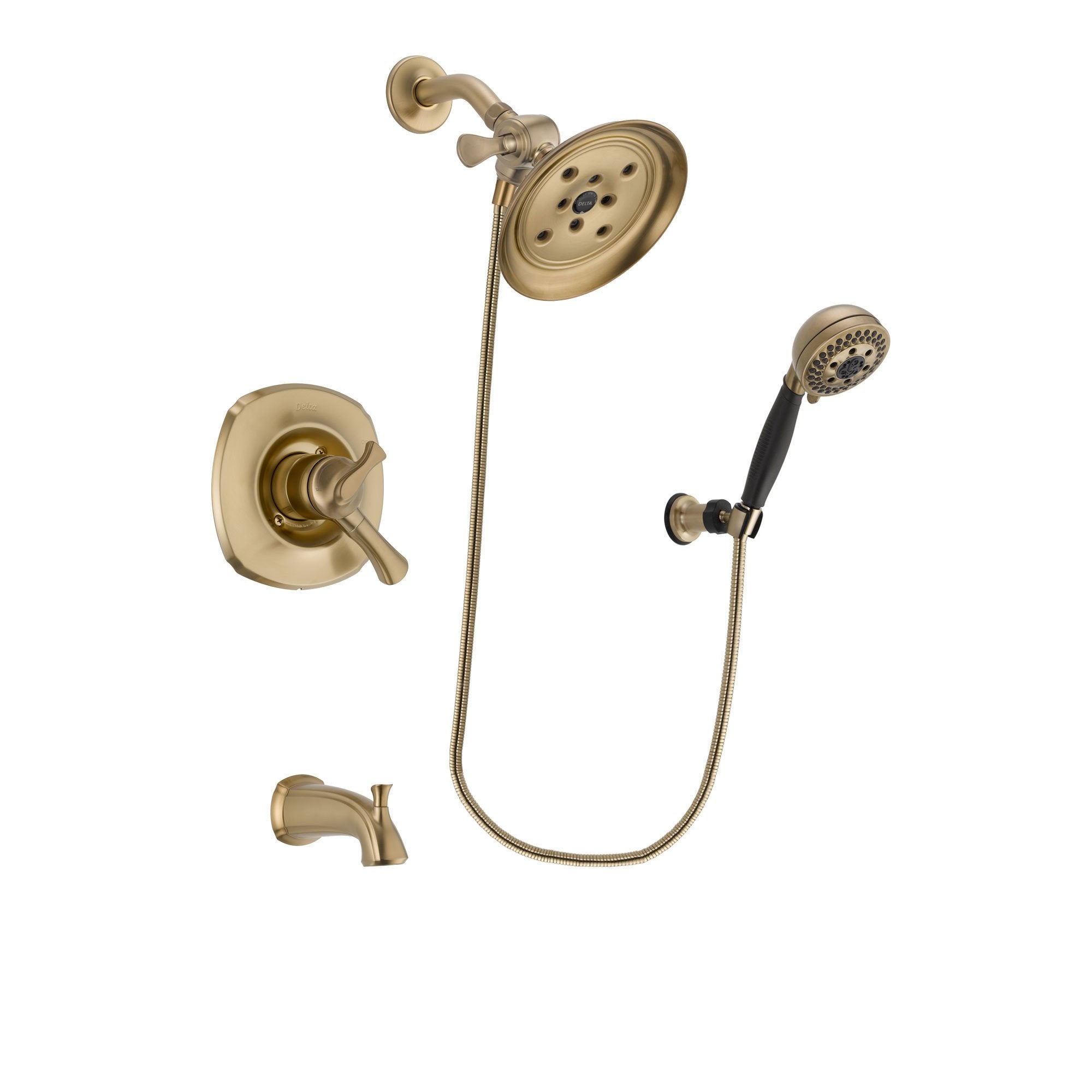 Delta Addison Champagne Bronze Finish Dual Control Tub and Shower Faucet System Package with Large Rain Shower Head and 5-Spray Wall Mount Hand Shower Includes Rough-in Valve and Tub Spout DSP3805V