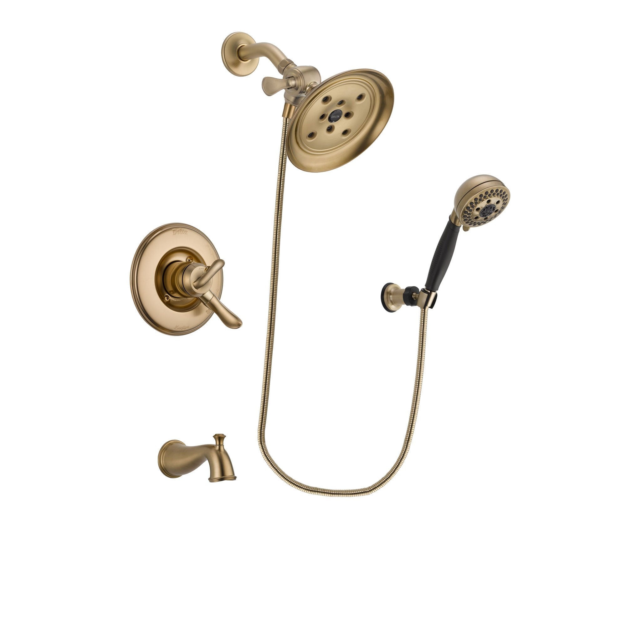 Delta Linden Champagne Bronze Finish Dual Control Tub and Shower Faucet System Package with Large Rain Shower Head and 5-Spray Wall Mount Hand Shower Includes Rough-in Valve and Tub Spout DSP3807V