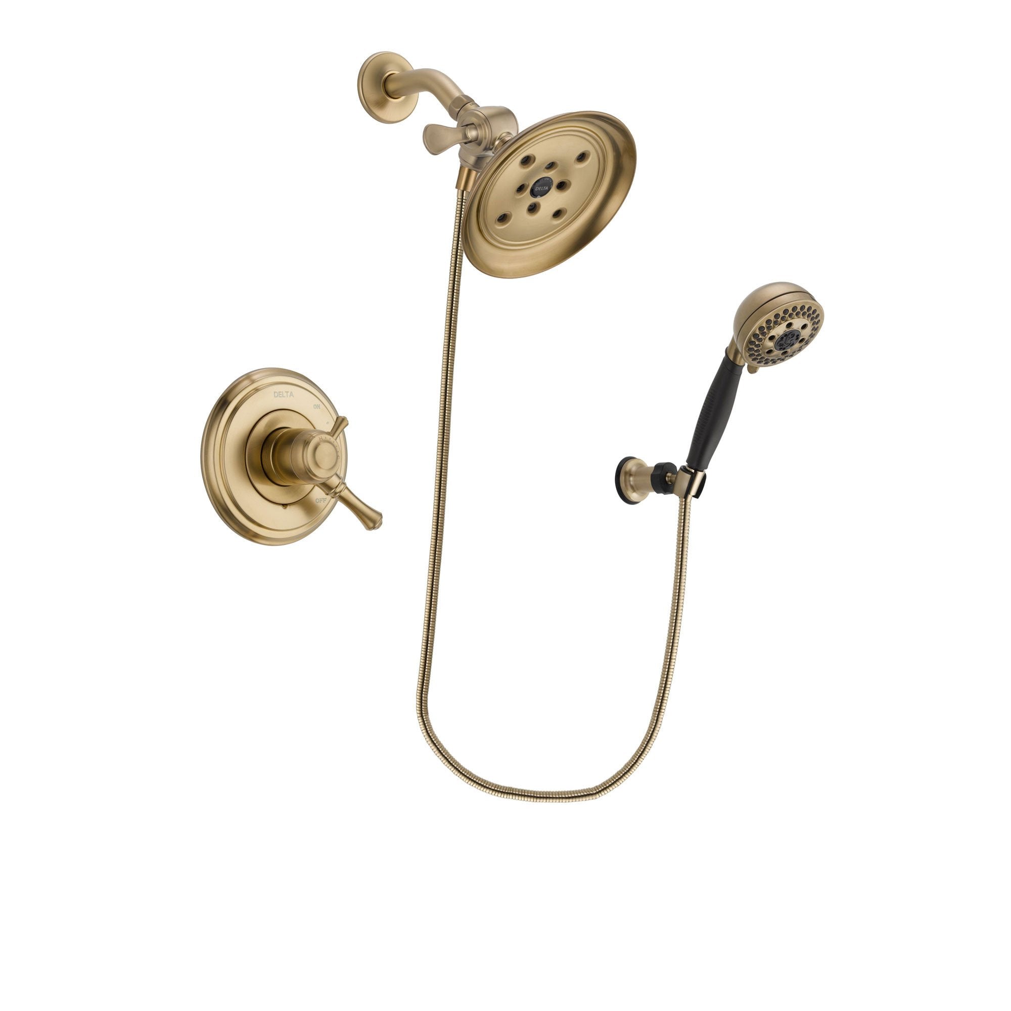 Delta Cassidy Champagne Bronze Finish Dual Control Shower Faucet System Package with Large Rain Shower Head and 5-Spray Wall Mount Hand Shower Includes Rough-in Valve DSP3810V