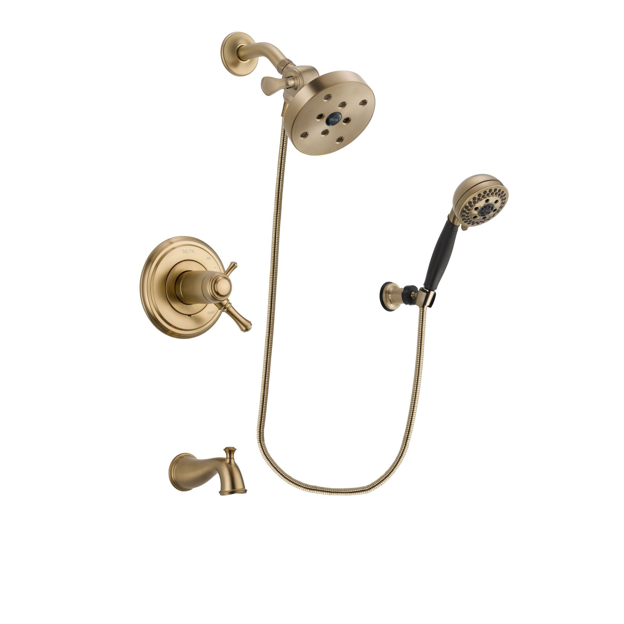 Delta Cassidy Champagne Bronze Finish Thermostatic Tub and Shower Faucet System Package with 5-1/2 inch Showerhead and 5-Spray Wall Mount Hand Shower Includes Rough-in Valve and Tub Spout DSP3817V