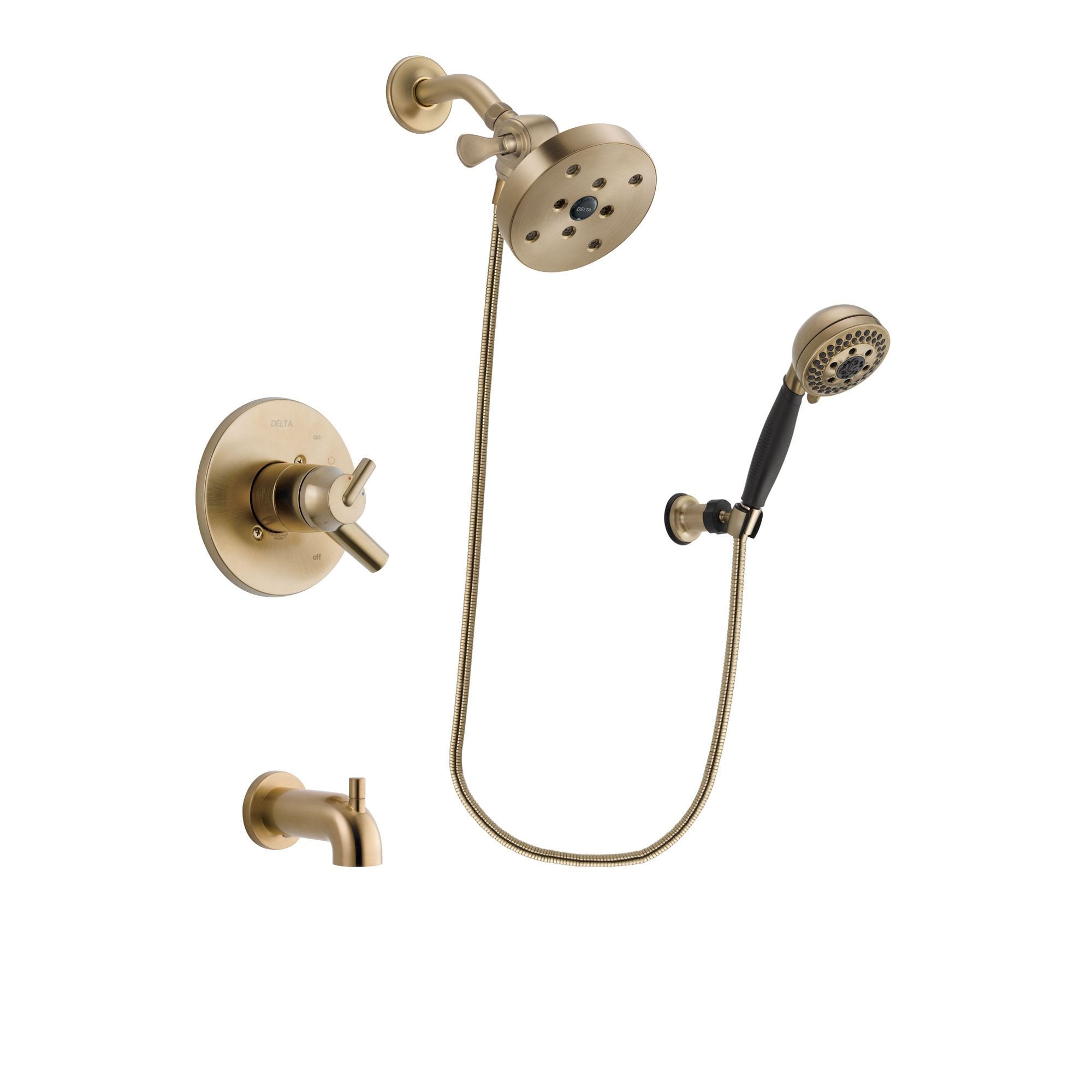 Delta Trinsic Champagne Bronze Finish Dual Control Tub and Shower Faucet System Package with 5-1/2 inch Showerhead and 5-Spray Wall Mount Hand Shower Includes Rough-in Valve and Tub Spout DSP3829V