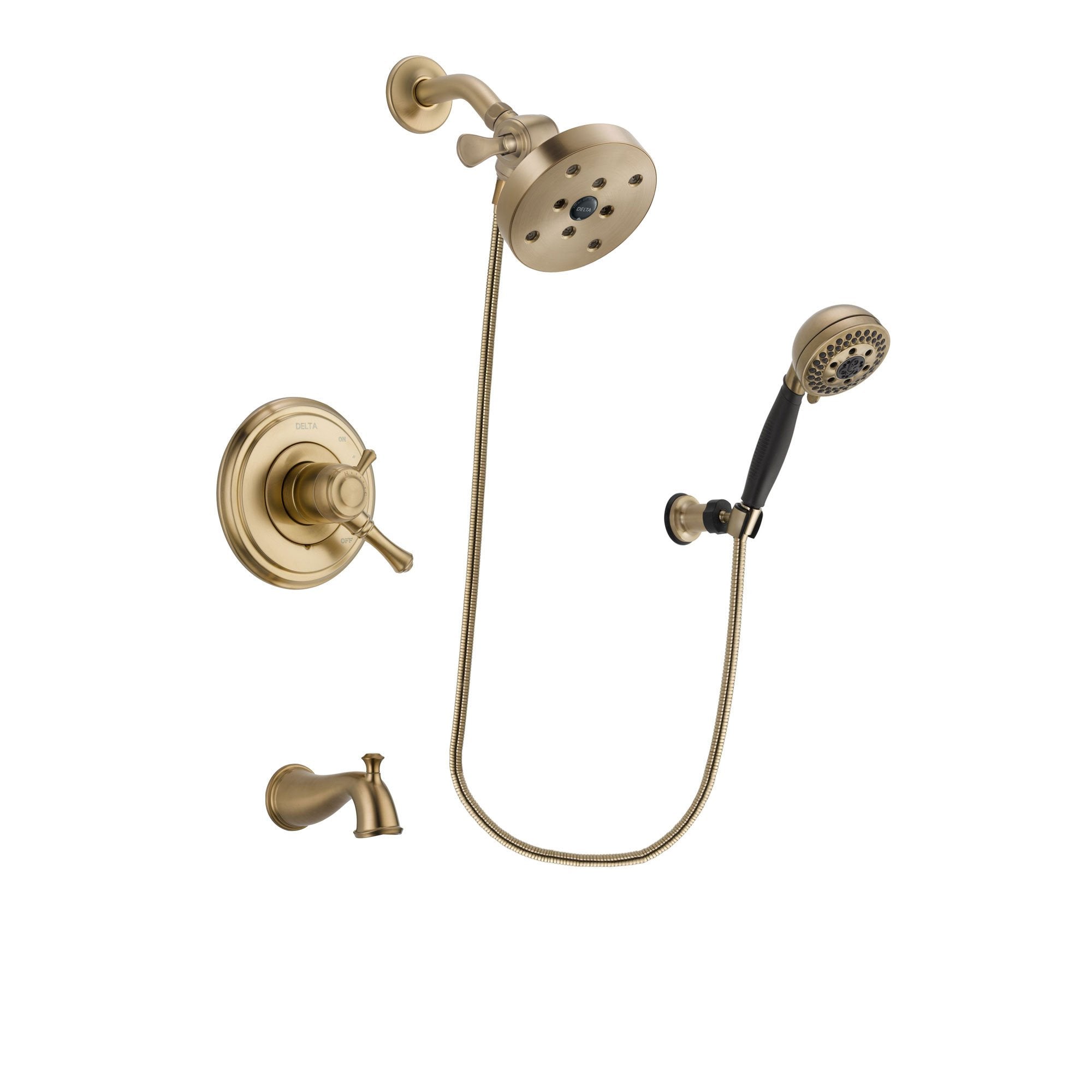 Delta Cassidy Champagne Bronze Finish Dual Control Tub and Shower Faucet System Package with 5-1/2 inch Showerhead and 5-Spray Wall Mount Hand Shower Includes Rough-in Valve and Tub Spout DSP3835V