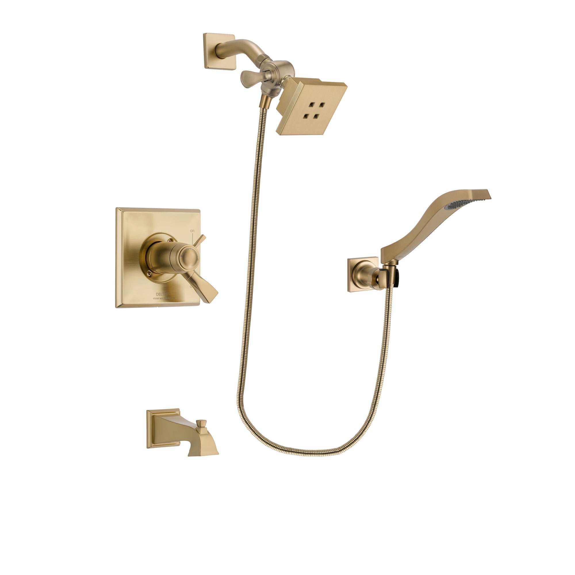 Delta Dryden Champagne Bronze Finish Thermostatic Tub and Shower Faucet System Package with Square Showerhead and Modern Wall Mount Handheld Shower Spray Includes Rough-in Valve and Tub Spout DSP3837V