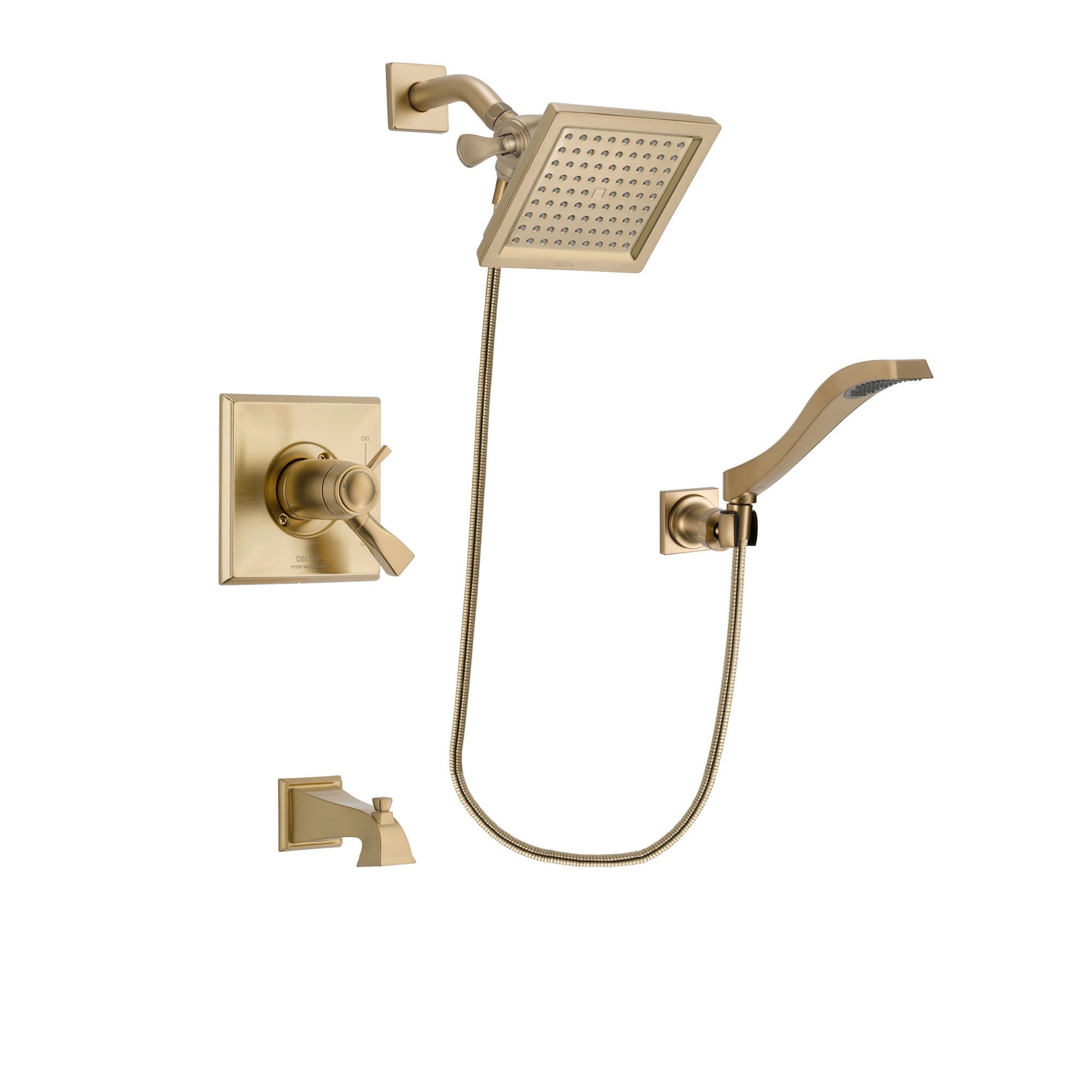 Delta Dryden Champagne Bronze Finish Thermostatic Tub and Shower Faucet System Package with 6.5-inch Square Rain Showerhead and Modern Wall Mount Handheld Shower Spray Includes Rough-in Valve and Tub Spout DSP3849V