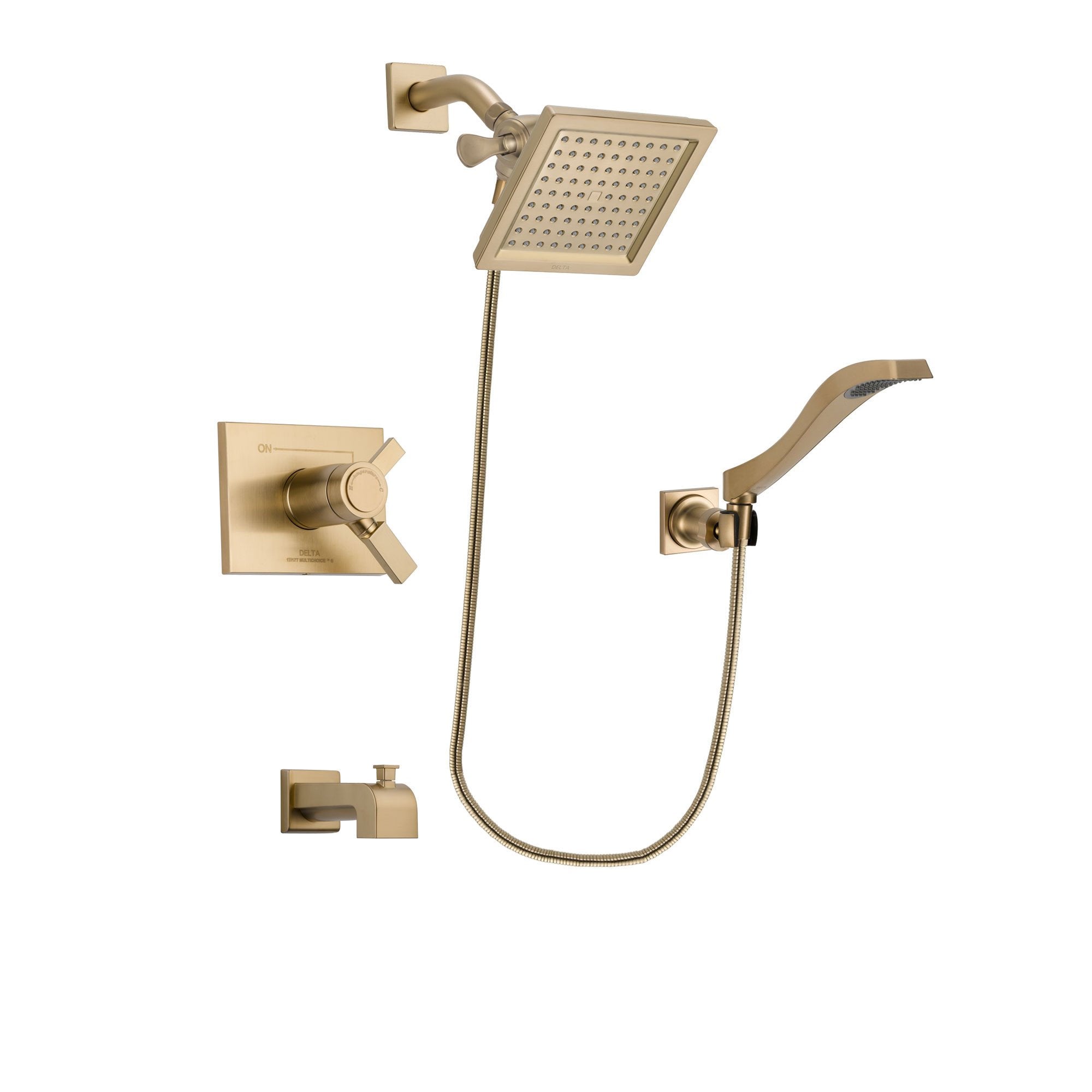 Delta Vero Champagne Bronze Finish Thermostatic Tub and Shower Faucet System Package with 6.5-inch Square Rain Showerhead and Modern Wall Mount Handheld Shower Spray Includes Rough-in Valve and Tub Spout DSP3851V