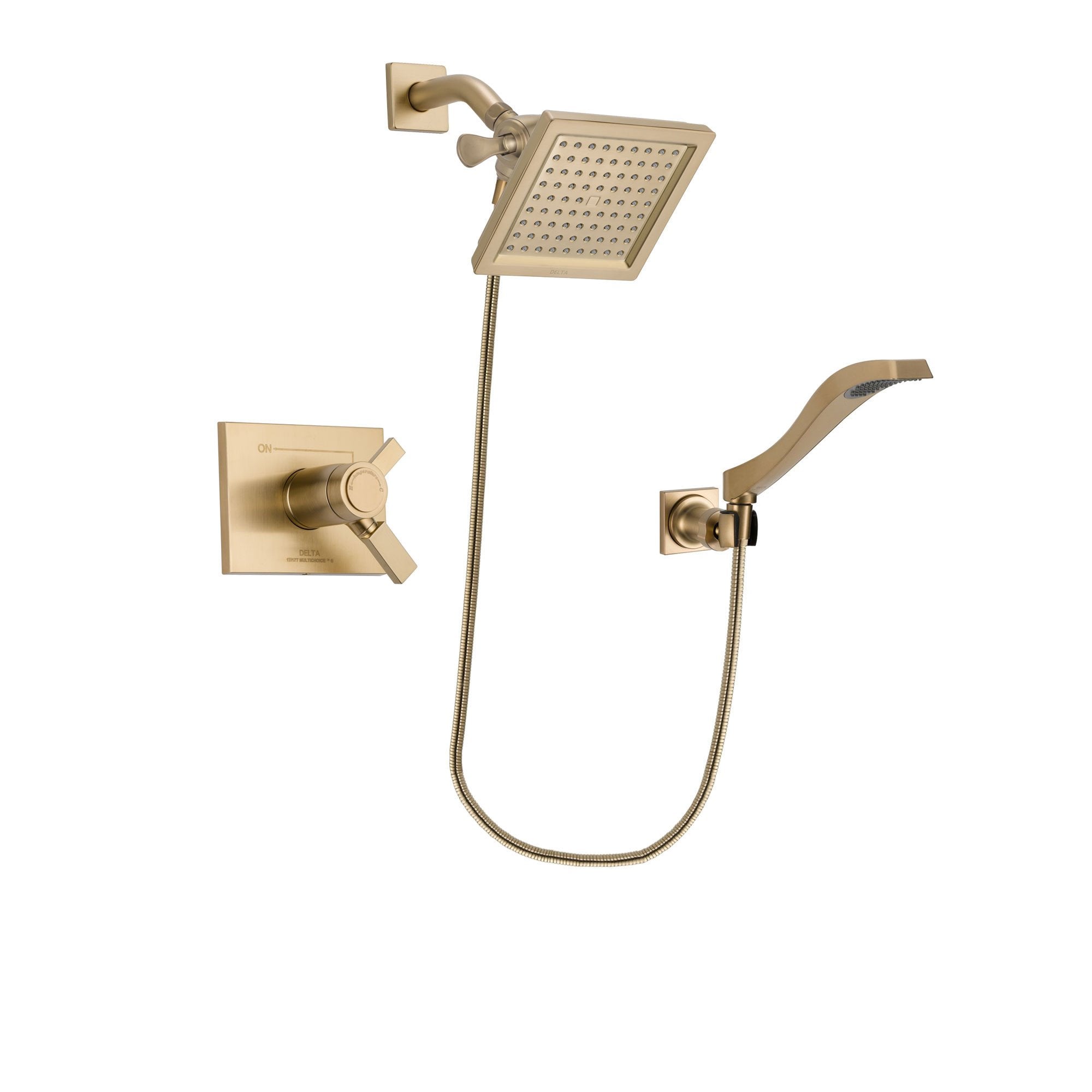 Delta Vero Champagne Bronze Finish Thermostatic Shower Faucet System Package with 6.5-inch Square Rain Showerhead and Modern Wall Mount Handheld Shower Spray Includes Rough-in Valve DSP3852V