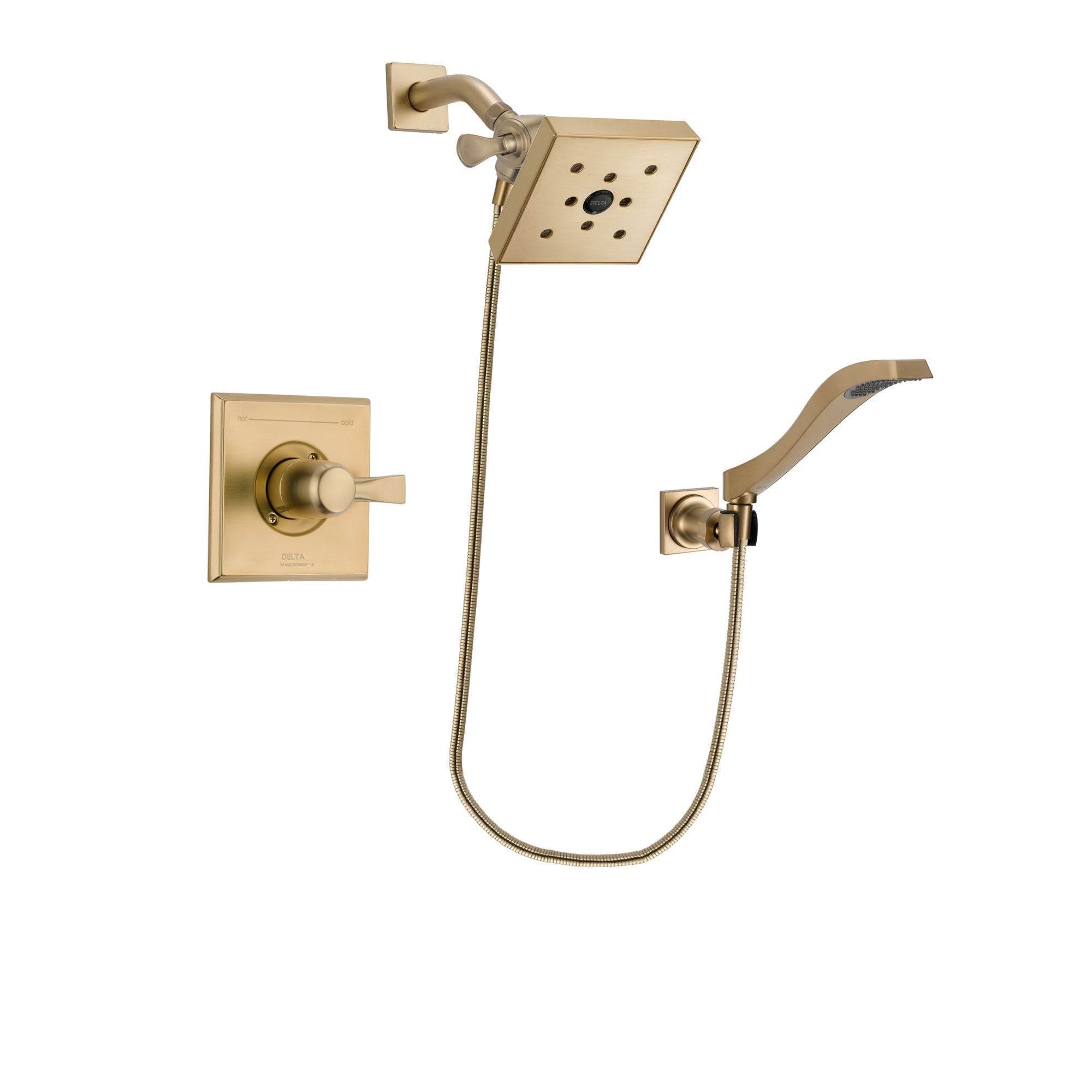 Delta Dryden Champagne Bronze Finish Shower Faucet System Package with Square Shower Head and Modern Wall Mount Handheld Shower Spray Includes Rough-in Valve DSP3866V