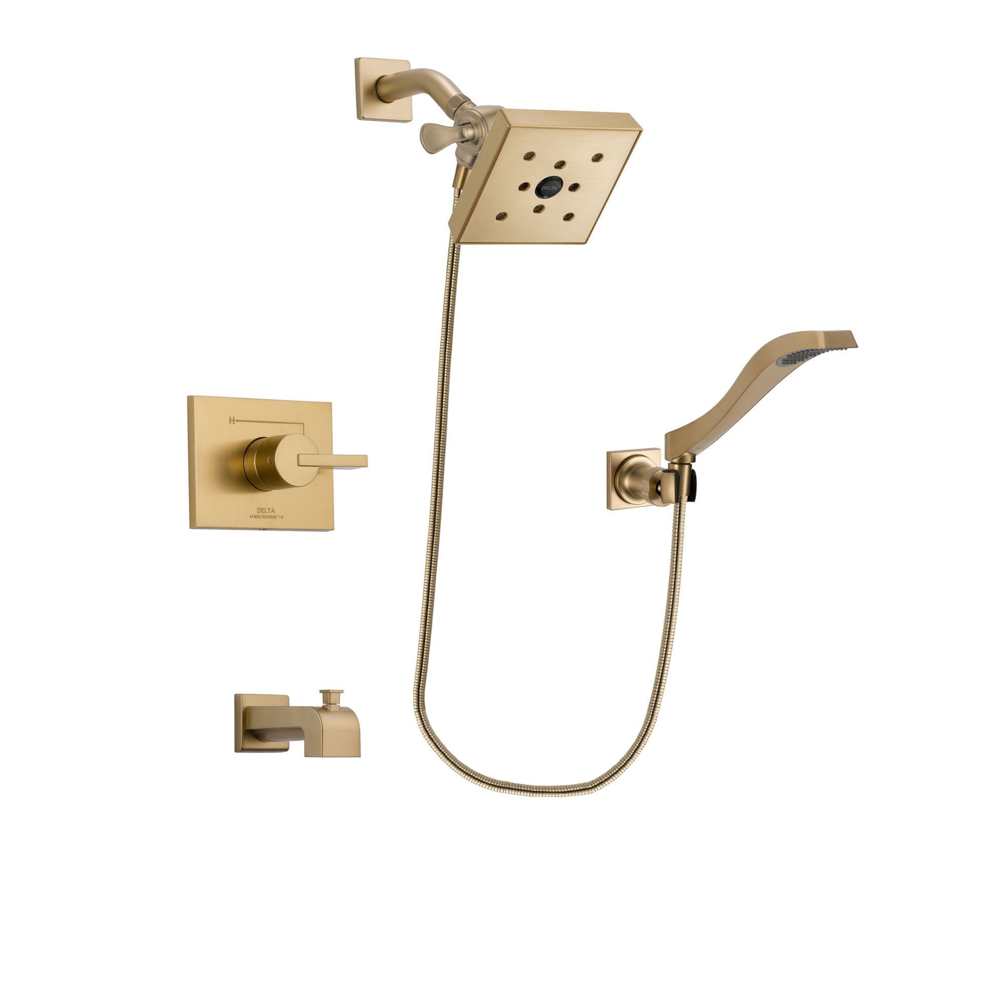 Delta Vero Champagne Bronze Finish Tub and Shower Faucet System Package with Square Shower Head and Modern Wall Mount Handheld Shower Spray Includes Rough-in Valve and Tub Spout DSP3867V