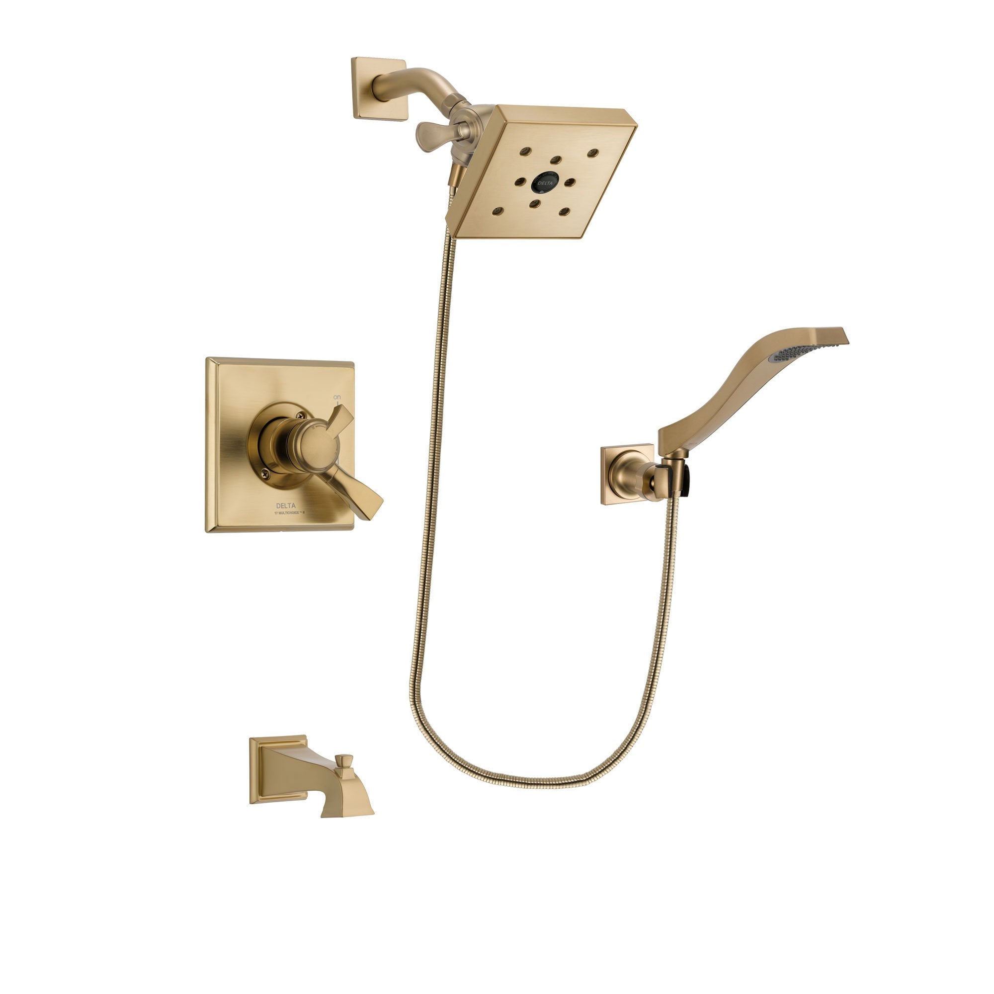 Delta Dryden Champagne Bronze Finish Dual Control Tub and Shower Faucet System Package with Square Shower Head and Modern Wall Mount Handheld Shower Spray Includes Rough-in Valve and Tub Spout DSP3869V
