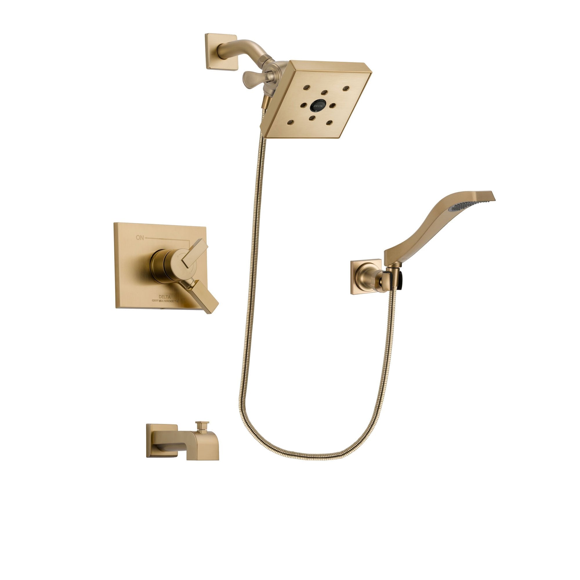 Delta Vero Champagne Bronze Finish Dual Control Tub and Shower Faucet System Package with Square Shower Head and Modern Wall Mount Handheld Shower Spray Includes Rough-in Valve and Tub Spout DSP3871V
