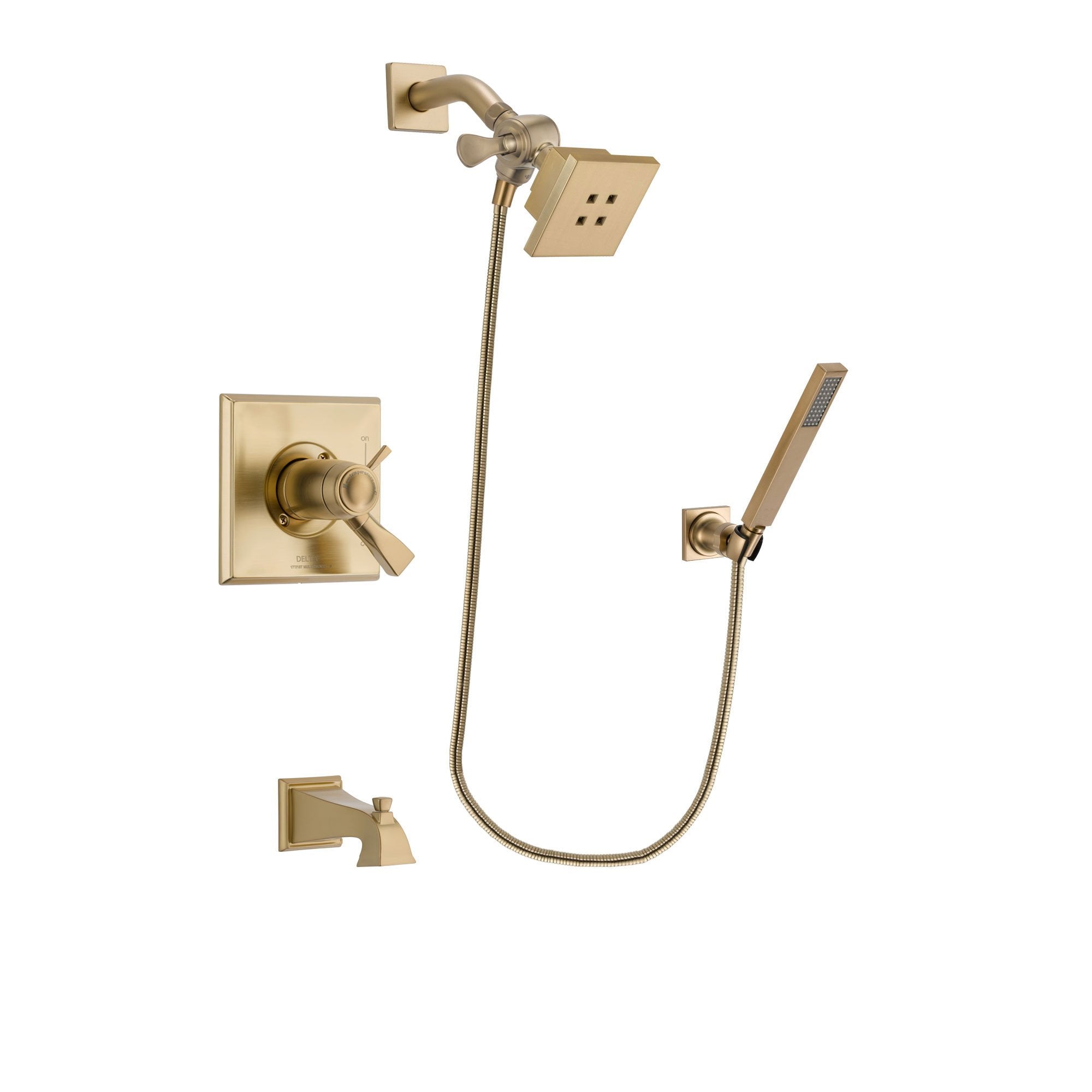 Delta Dryden Champagne Bronze Finish Thermostatic Tub and Shower Faucet System Package with Square Showerhead and Modern Wall-Mount Handheld Shower Stick Includes Rough-in Valve and Tub Spout DSP3873V