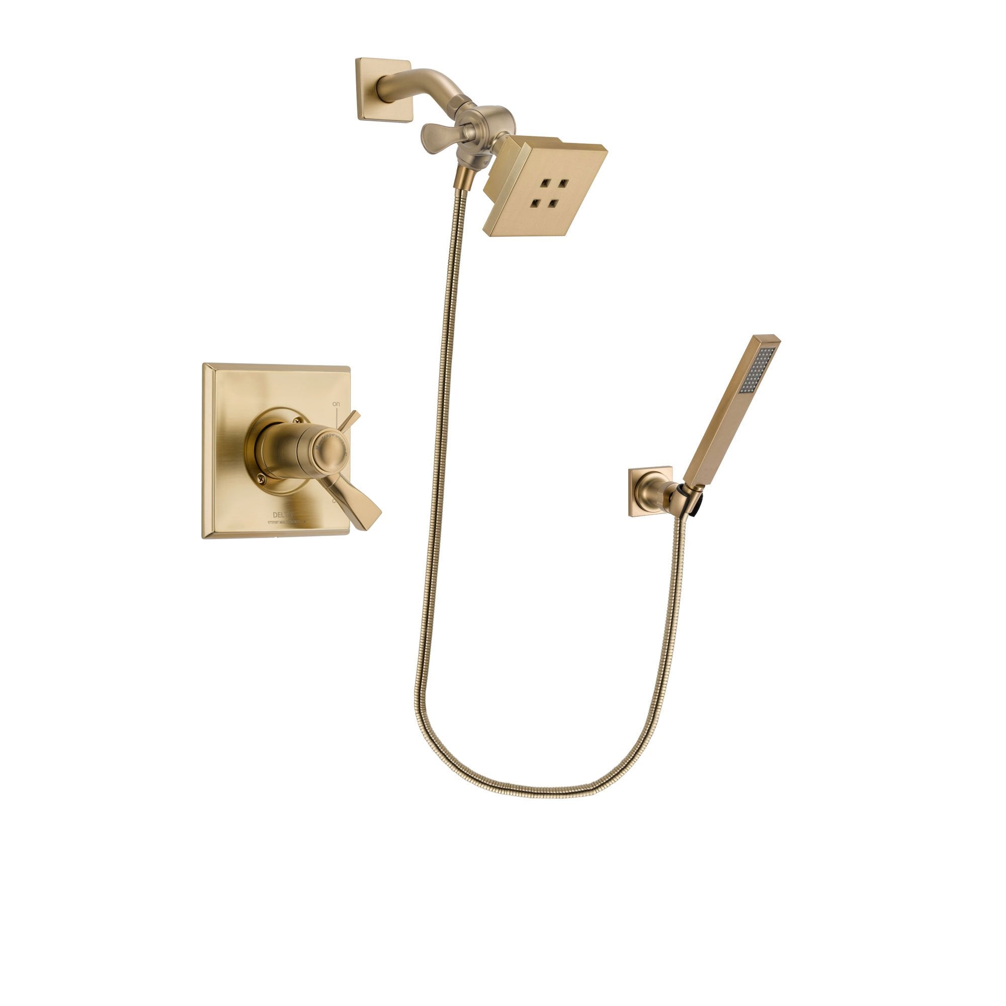 Delta Dryden Champagne Bronze Finish Thermostatic Shower Faucet System Package with Square Showerhead and Modern Wall-Mount Handheld Shower Stick Includes Rough-in Valve DSP3874V