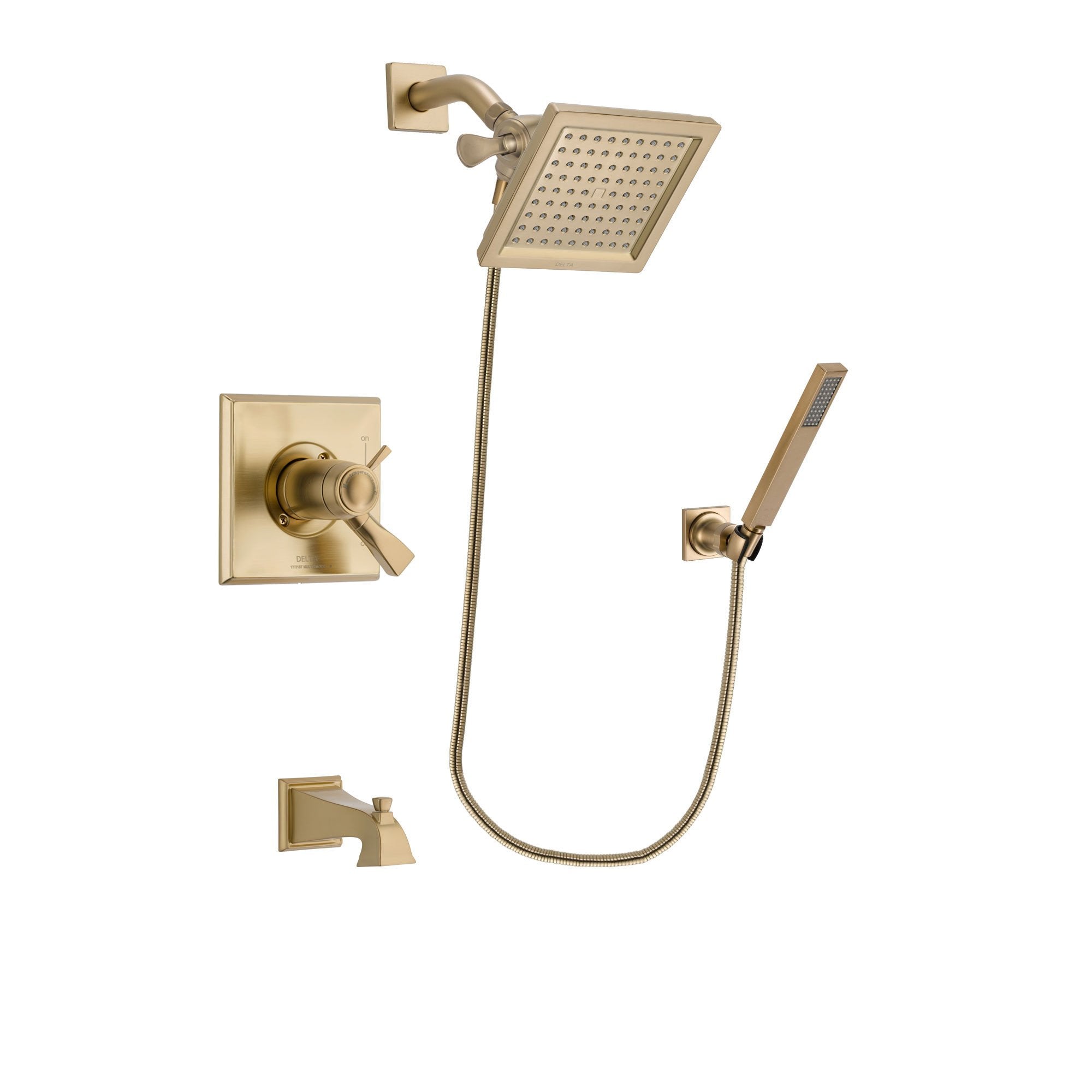 Delta Dryden Champagne Bronze Finish Thermostatic Tub and Shower Faucet System Package with 6.5-inch Square Rain Showerhead and Modern Wall-Mount Handheld Shower Stick Includes Rough-in Valve and Tub Spout DSP3885V