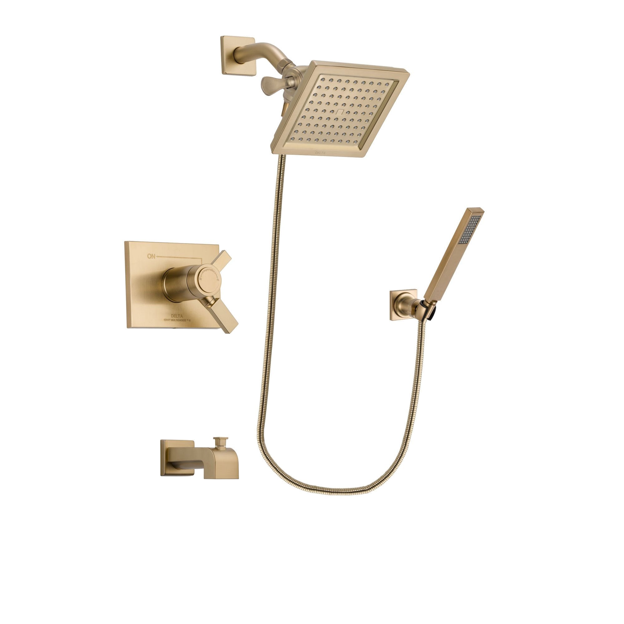 Delta Vero Champagne Bronze Finish Thermostatic Tub and Shower Faucet System Package with 6.5-inch Square Rain Showerhead and Modern Wall-Mount Handheld Shower Stick Includes Rough-in Valve and Tub Spout DSP3887V