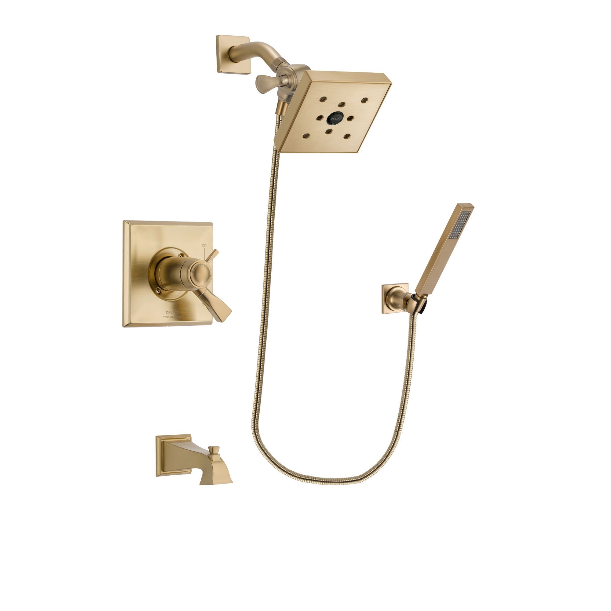 Delta Dryden Champagne Bronze Finish Thermostatic Tub and Shower Faucet System Package with Square Shower Head and Modern Wall-Mount Handheld Shower Stick Includes Rough-in Valve and Tub Spout DSP3897V