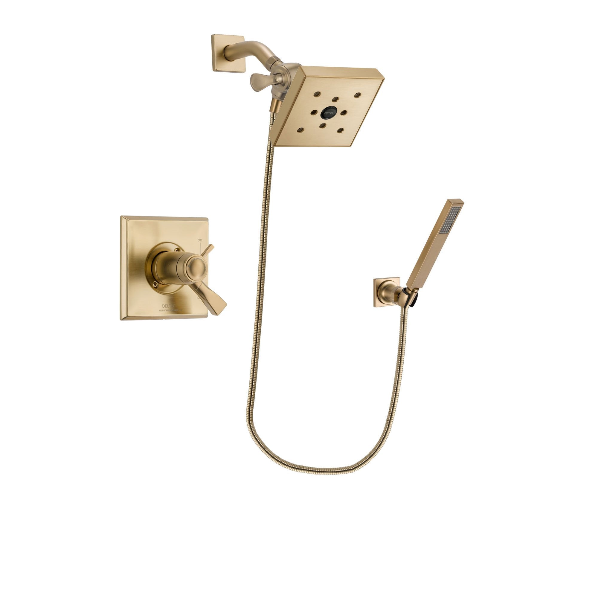 Delta Dryden Champagne Bronze Finish Thermostatic Shower Faucet System Package with Square Shower Head and Modern Wall-Mount Handheld Shower Stick Includes Rough-in Valve DSP3898V