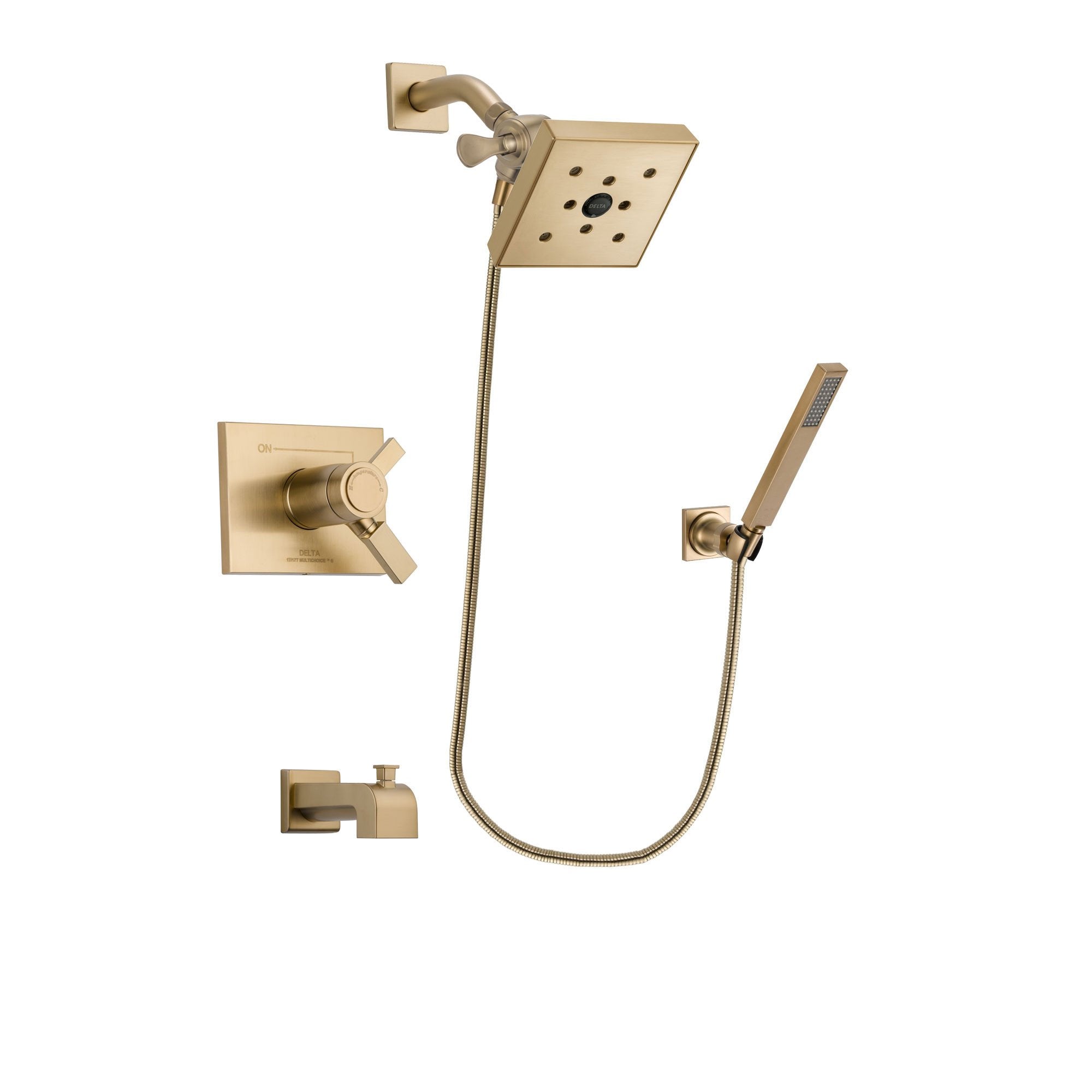 Delta Vero Champagne Bronze Finish Thermostatic Tub and Shower Faucet System Package with Square Shower Head and Modern Wall-Mount Handheld Shower Stick Includes Rough-in Valve and Tub Spout DSP3899V