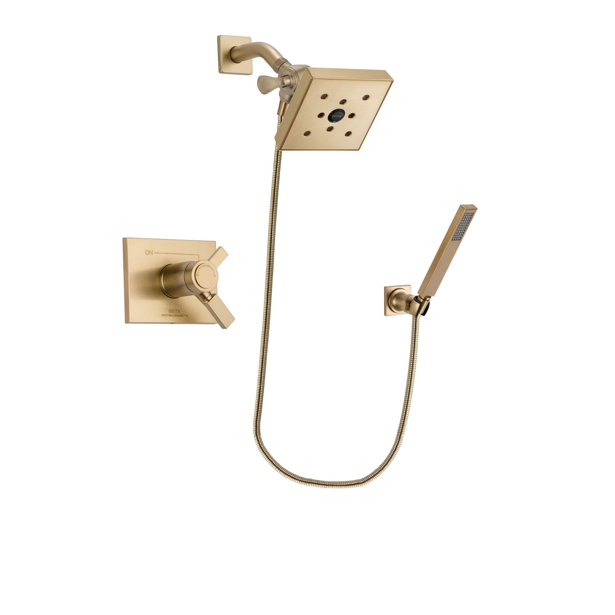 Delta Vero Champagne Bronze Finish Thermostatic Shower Faucet System Package with Square Shower Head and Modern Wall-Mount Handheld Shower Stick Includes Rough-in Valve DSP3900V