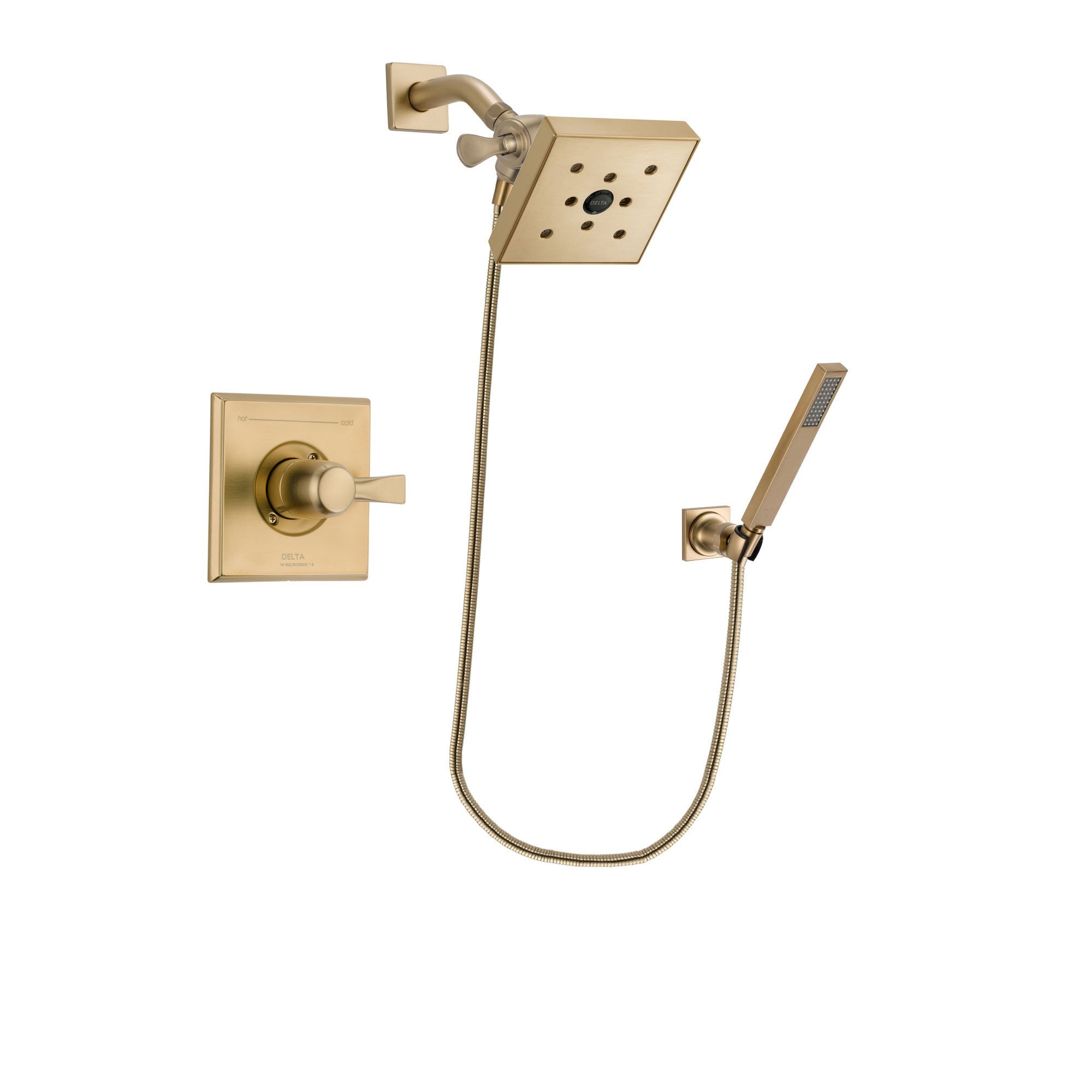 Delta Dryden Champagne Bronze Finish Shower Faucet System Package with Square Shower Head and Modern Wall-Mount Handheld Shower Stick Includes Rough-in Valve DSP3902V