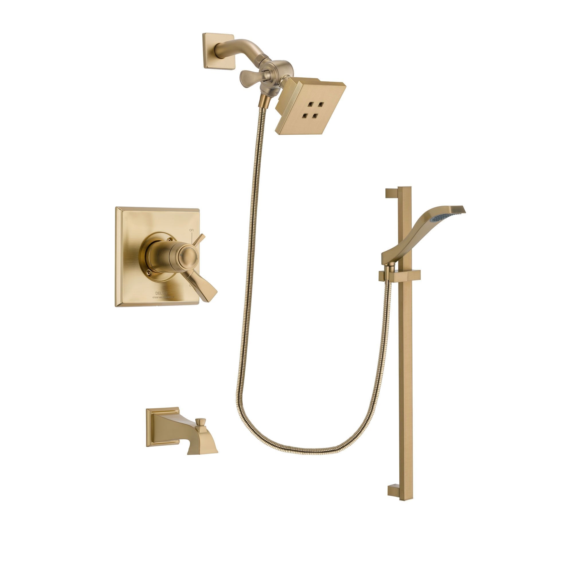 Delta Dryden Champagne Bronze Finish Thermostatic Tub and Shower Faucet System Package with Square Showerhead and Modern Handheld Shower Spray with Slide Bar Includes Rough-in Valve and Tub Spout DSP3909V
