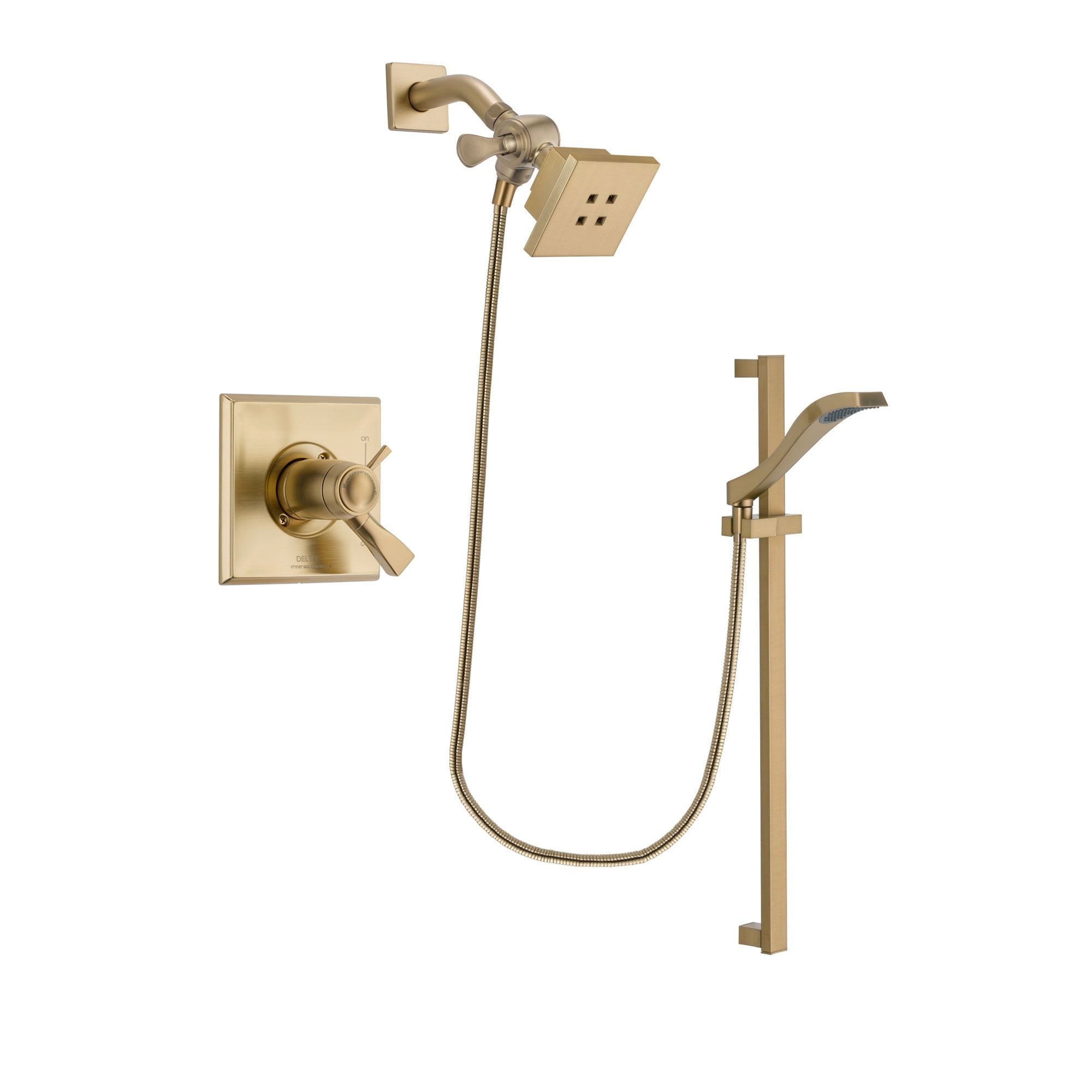 Delta Dryden Champagne Bronze Finish Thermostatic Shower Faucet System Package with Square Showerhead and Modern Handheld Shower Spray with Slide Bar Includes Rough-in Valve DSP3910V