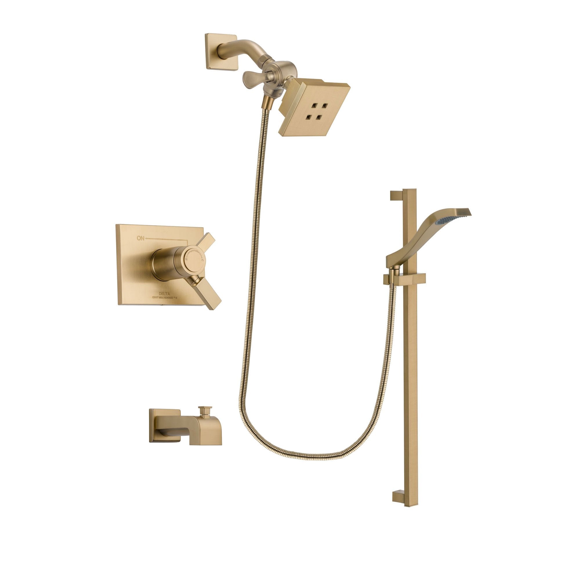 Delta Vero Champagne Bronze Finish Thermostatic Tub and Shower Faucet System Package with Square Showerhead and Modern Handheld Shower Spray with Slide Bar Includes Rough-in Valve and Tub Spout DSP3911V